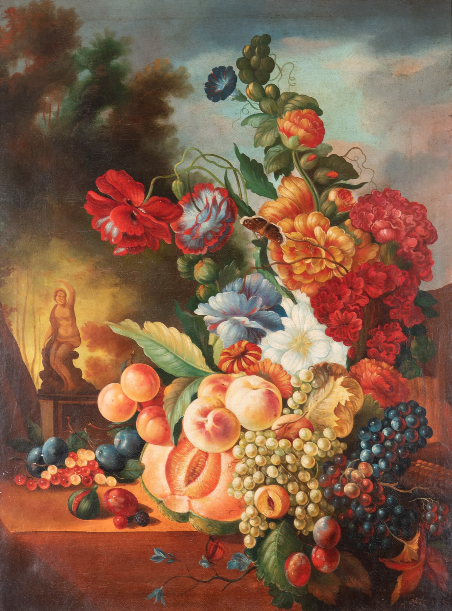 Artist Unknown, Continental School 19th Century, Still Life with Flowers and Fruit on a Ledge,: Artist UnknownContinental School, 19th CenturyStill Life with Flowers and Fruit on a Ledge, Distant Landscapeoil on canvassigned indistinctly lower right, gilt-framed.47 x 35 inches; 55 x 42 inches (o