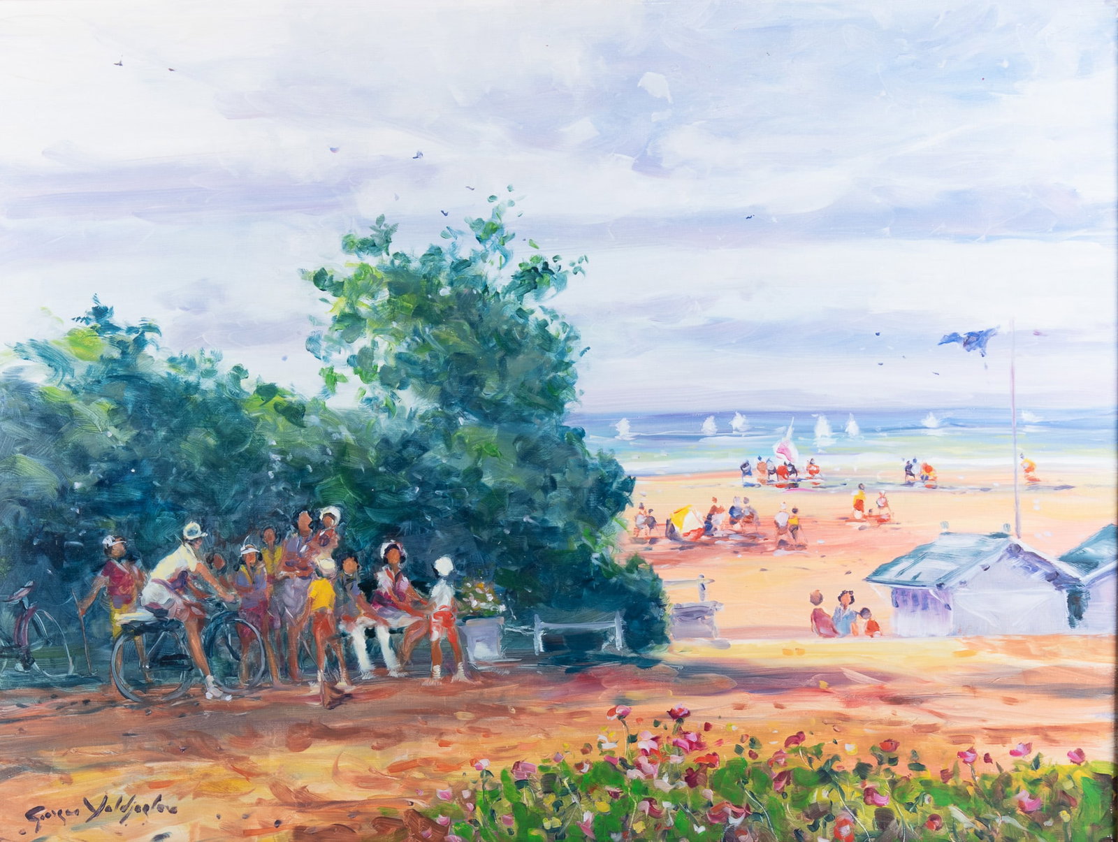 Georges Yoldjoglou, French 1935-, Beach Scene, oil on canvas: Georges YoldjoglouFrench, 1935-Beach Sceneoil on canvasSigned lower left. Gilt framed.30 x 40 inches; 38 x 48 inches (overall with frame)