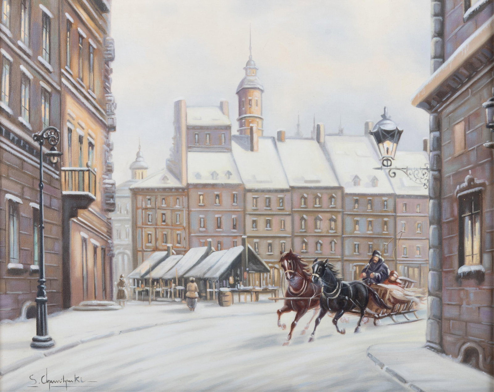 Stanislav Chimilinsky, Polish (b. 1936), Winter Village Scene, oil on canvas: Stanislav ChimilinskyPolish, (b. 1936)Winter Village Sceneoil on canvasSigned lower left gilt framed. Depicts a winter scene with horse drawn carriage racing through the street.16 x 20 inches; 25 x 29