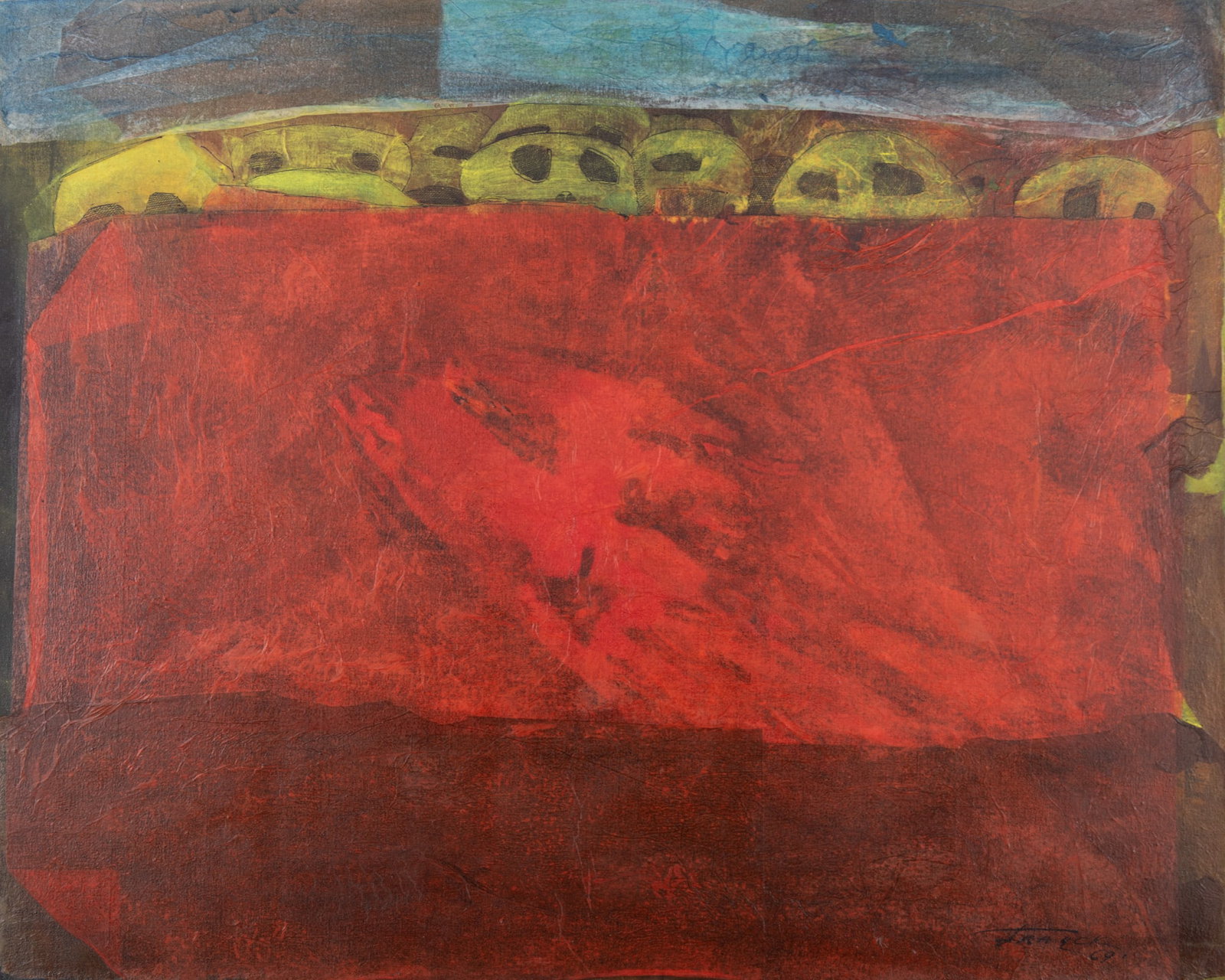 Paul Franck, Belgium (b. 1918), Barriere Rouge, 1969, collage: Paul FranckBelgium, (b. 1918)Barriere Rouge, 1969collagesigned and dated lower right, framed.25 x 30 inches; 27 5/8 x 34 inches (overall with frame)