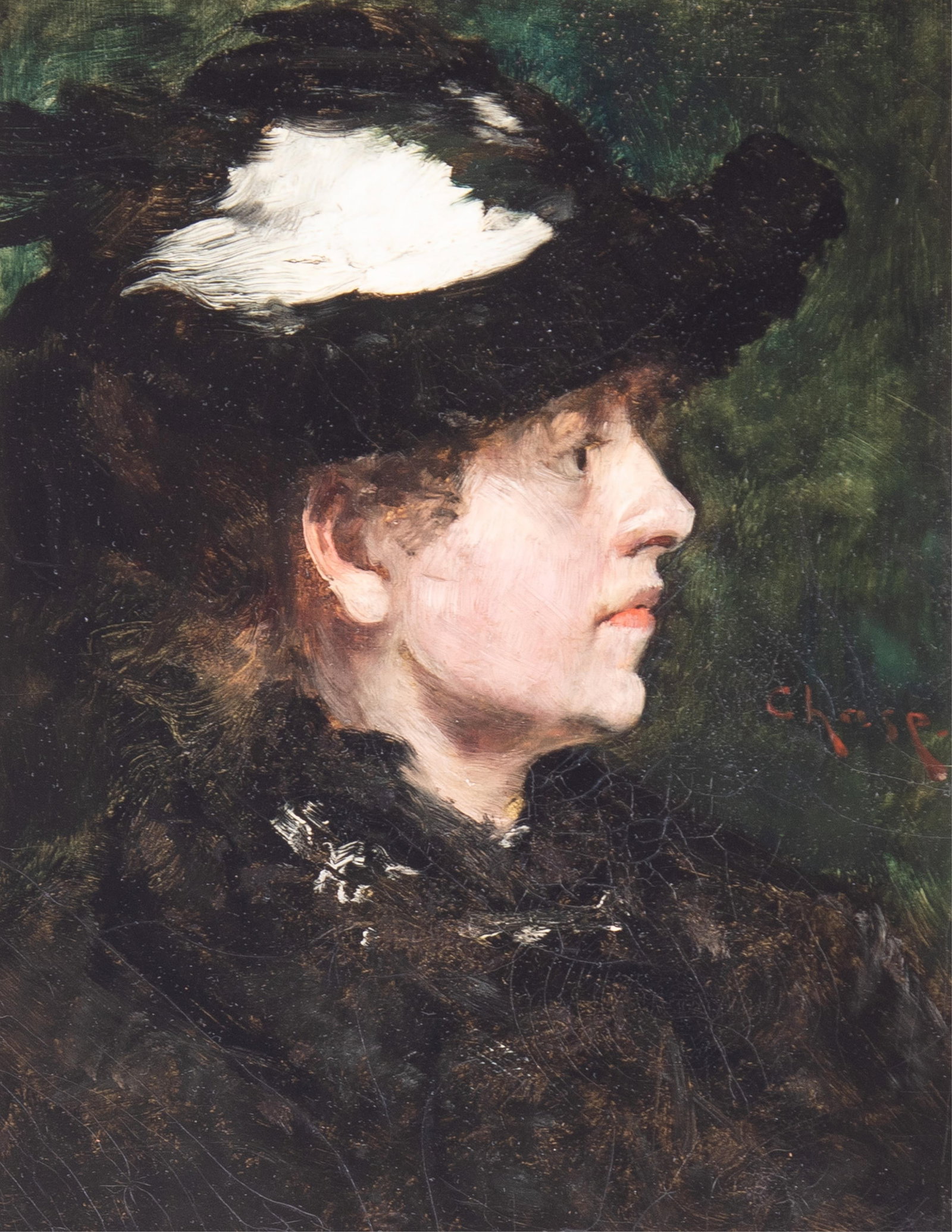 William Merritt Chase, New York, California, Indiana (1849-1916), Portrait of a Woman in Profile,: William Merritt ChaseNew York, California, Indiana, (1849-1916)Portrait of a Woman in Profileoil on canvassigned at right, in a carved giltwood frame.16 1/2 x 13 inches