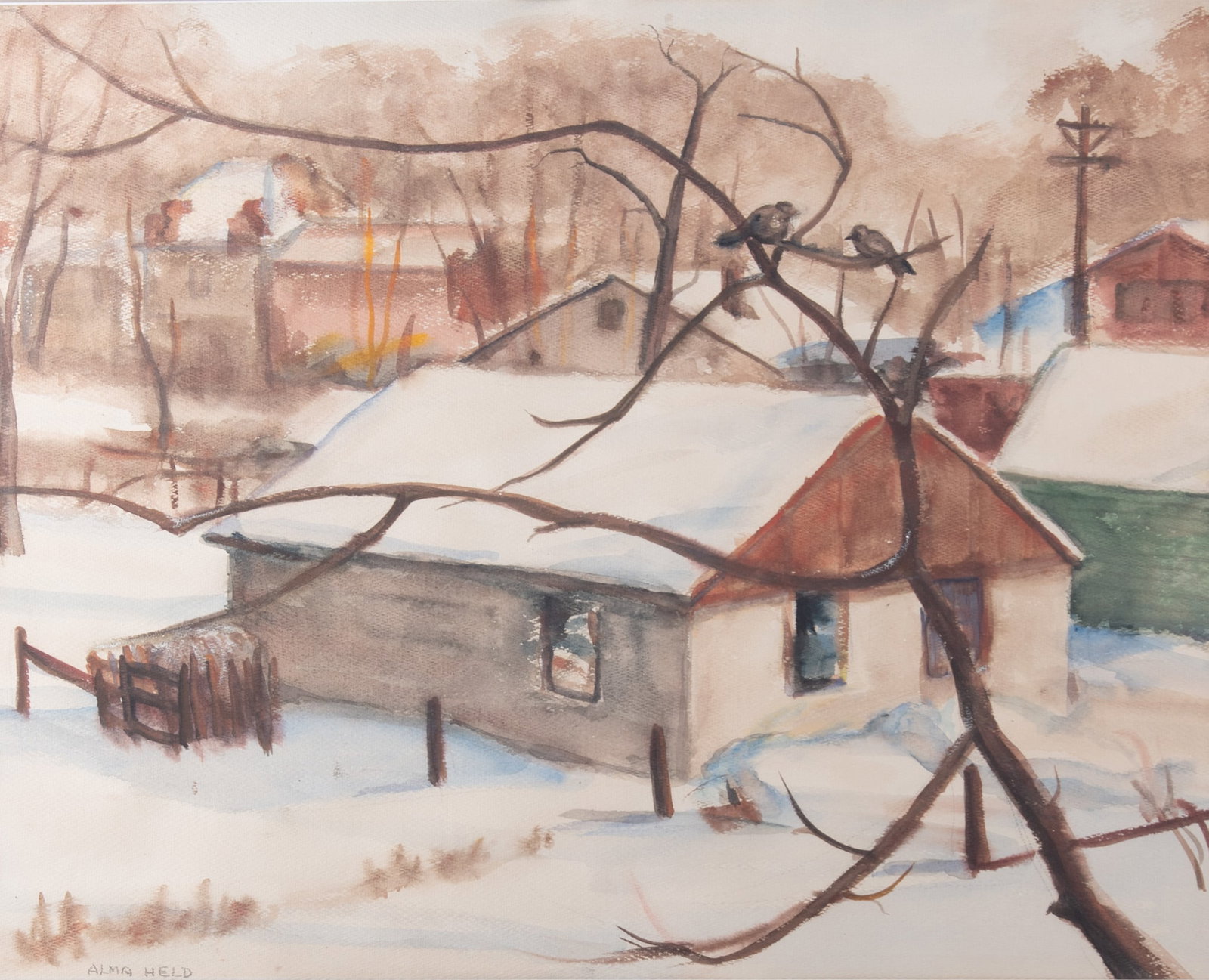Alma Held, Iowa (1898-1988), Winter Day, watercolor on paper: Alma HeldIowa, (1898-1988)Winter Daywatercolor on papersigned lower left, framed.21 x 26 inches (visible); 33 x 38 inches (overall with frame)