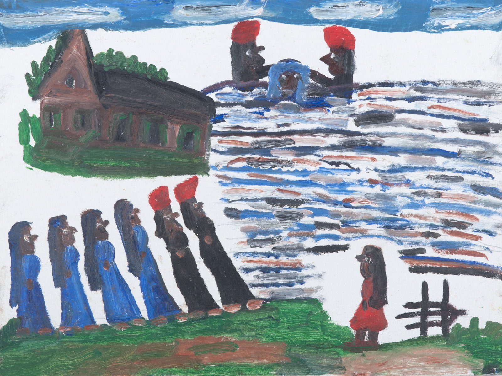 Clementine Hunter, American 1886-1988, Fannie Remo "Baptising", oil on canvasboard (1 of 5)