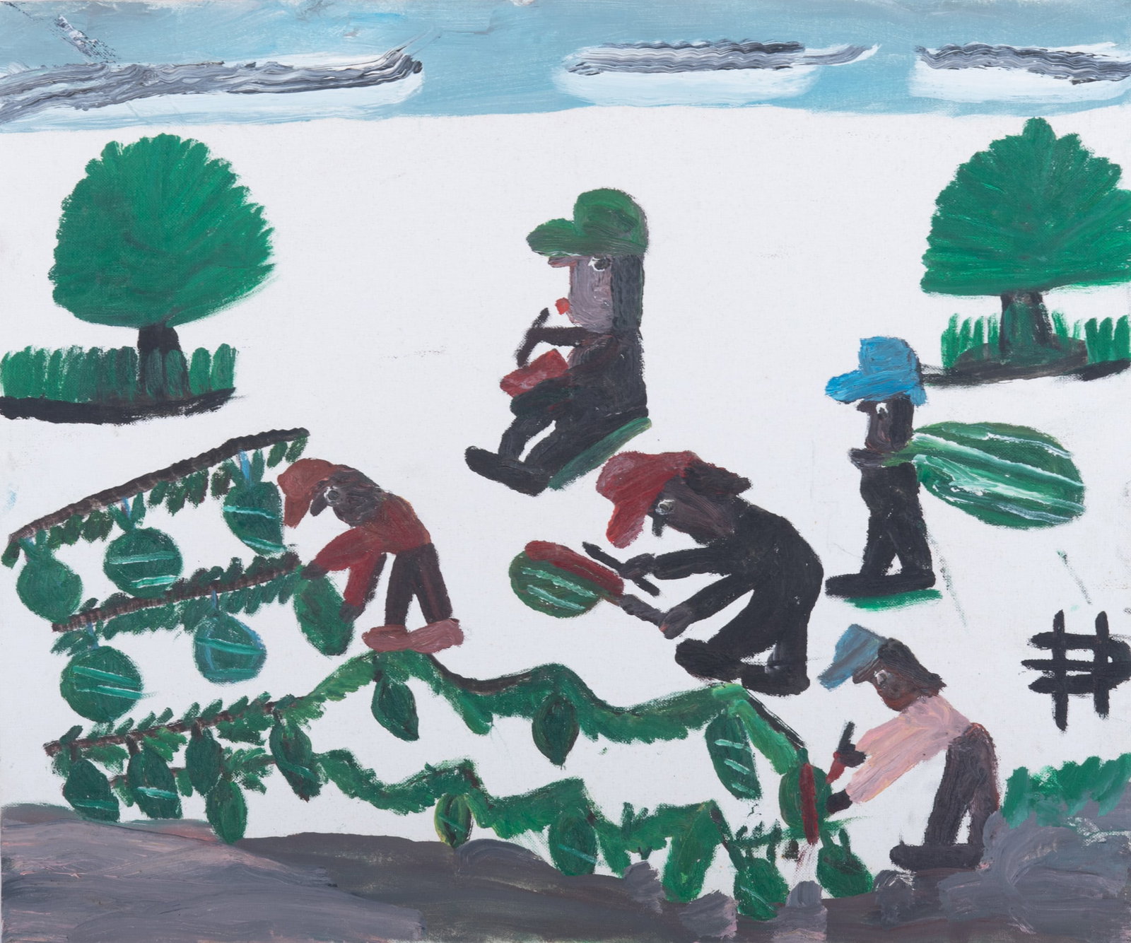 Clementine Hunter, American 1886-1988, Watermelon Picking, oil on canvasboard (1 of 4)