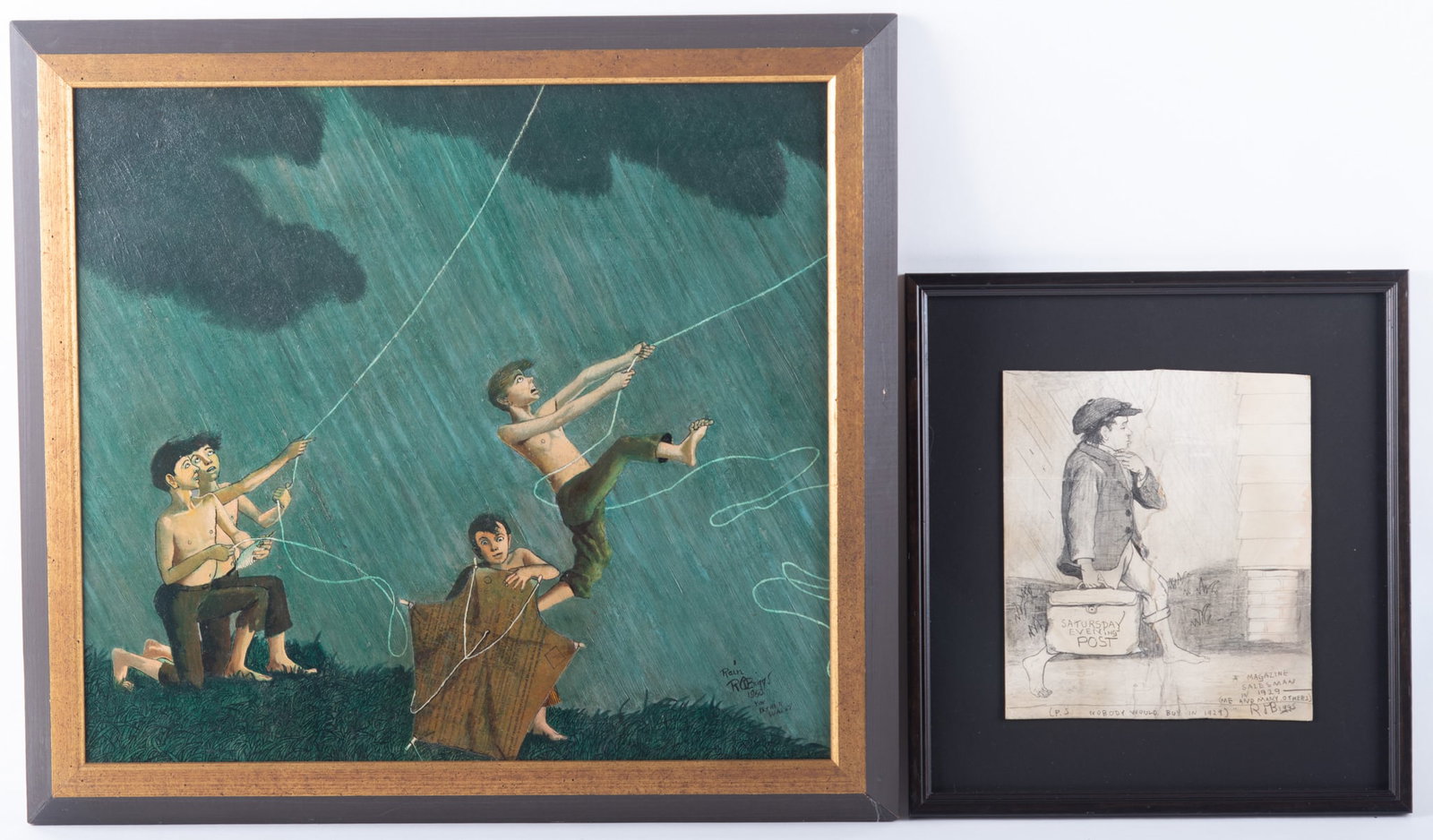 Robert Biggs, Missouri (1920-1984), Rain, 1960; and "Satursday Evening Post", oil on masonite, and: Robert BiggsMissouri, (1920-1984)Rain, 1960; and "Satursday Evening Post"oil on masonite, and pencil on paperboardThe oil is signed and dated lower right, while the pencil sketch is a self-portrait of
