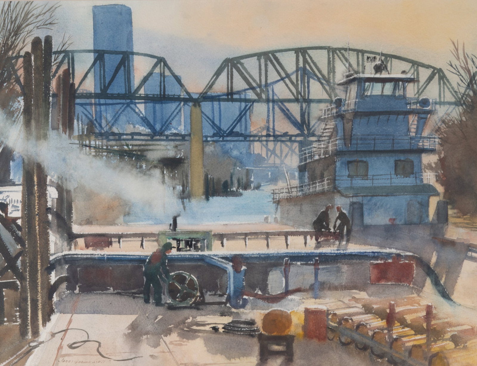 James Godwin Scott, American (b. 1931), Riverfront Scene, watercolor on paper (1 of 5)