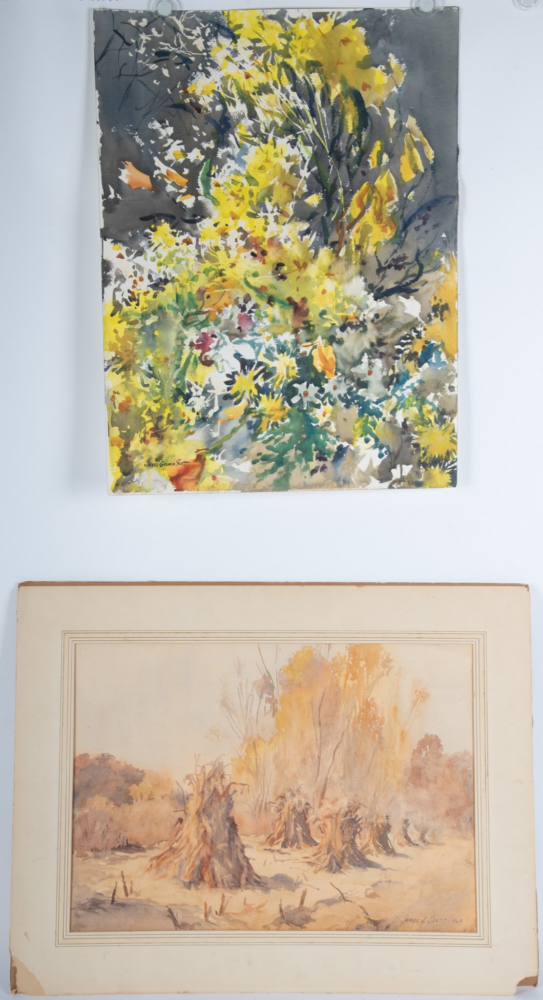 James Godwin Scott, American (b. 1931), Haystacks and Floral Still Life, two watercolor drawings (1 of 4)