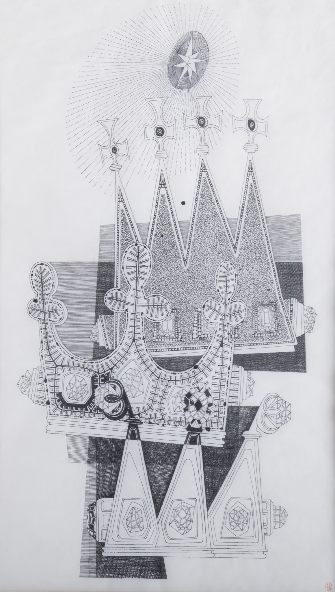 Russell Kraus, St. Louis (1918-2009), Crowns, pen and ink drawing (1 of 4)