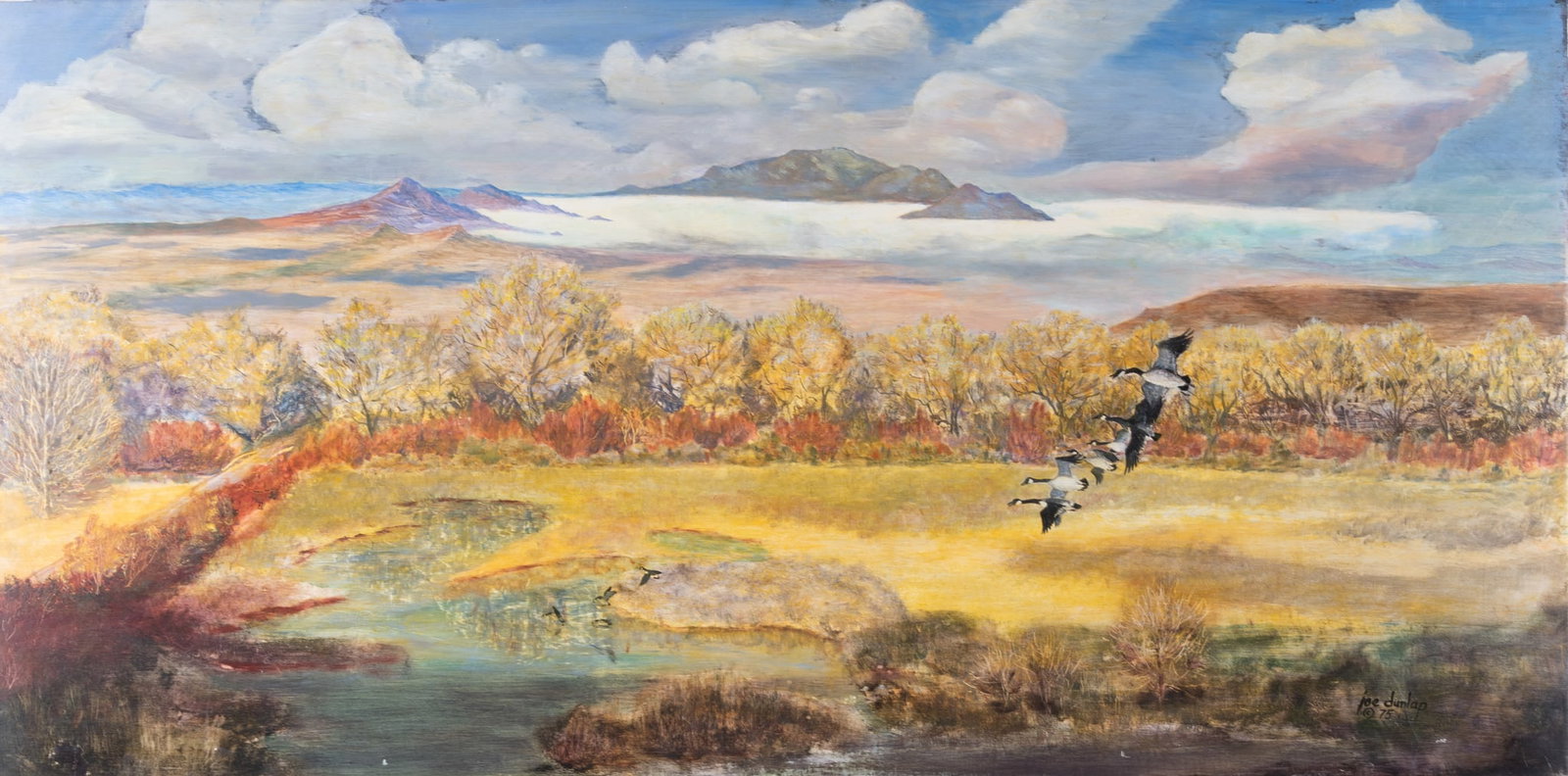 Joe K. Dunlap, Texas/New Mexico (1933-2011), Winter Visitors, oil/ egg tempera on panel: Joe K. DunlapTexas/New Mexico, (1933-2011)Winter Visitorsoil/ egg tempera on panelSigned lower right, dated '75. Framed.24 x 48 inches; 31 x 55 inches (overall with frame)