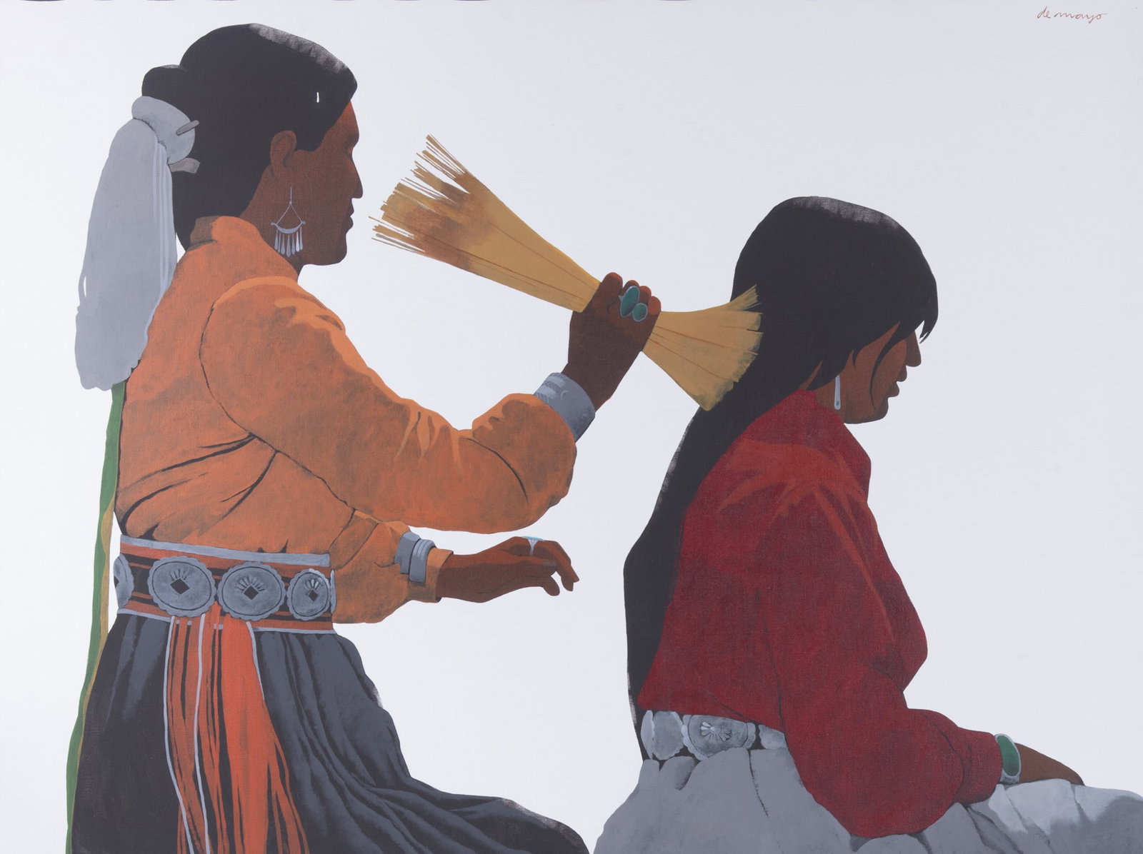 Louis De Mayo, Pennsylvania / Arizona (1926-2016), Navajos Grooming, acrylic on canvas: Louis De MayoPennsylvania / Arizona, (1926-2016)Navajos Groomingacrylic on canvassigned upper right, framed.Acquired: C. G. Rein Galleries, Scottsdale, AZ36 x 48 inches; 36 7/8 x 49 inches (ove