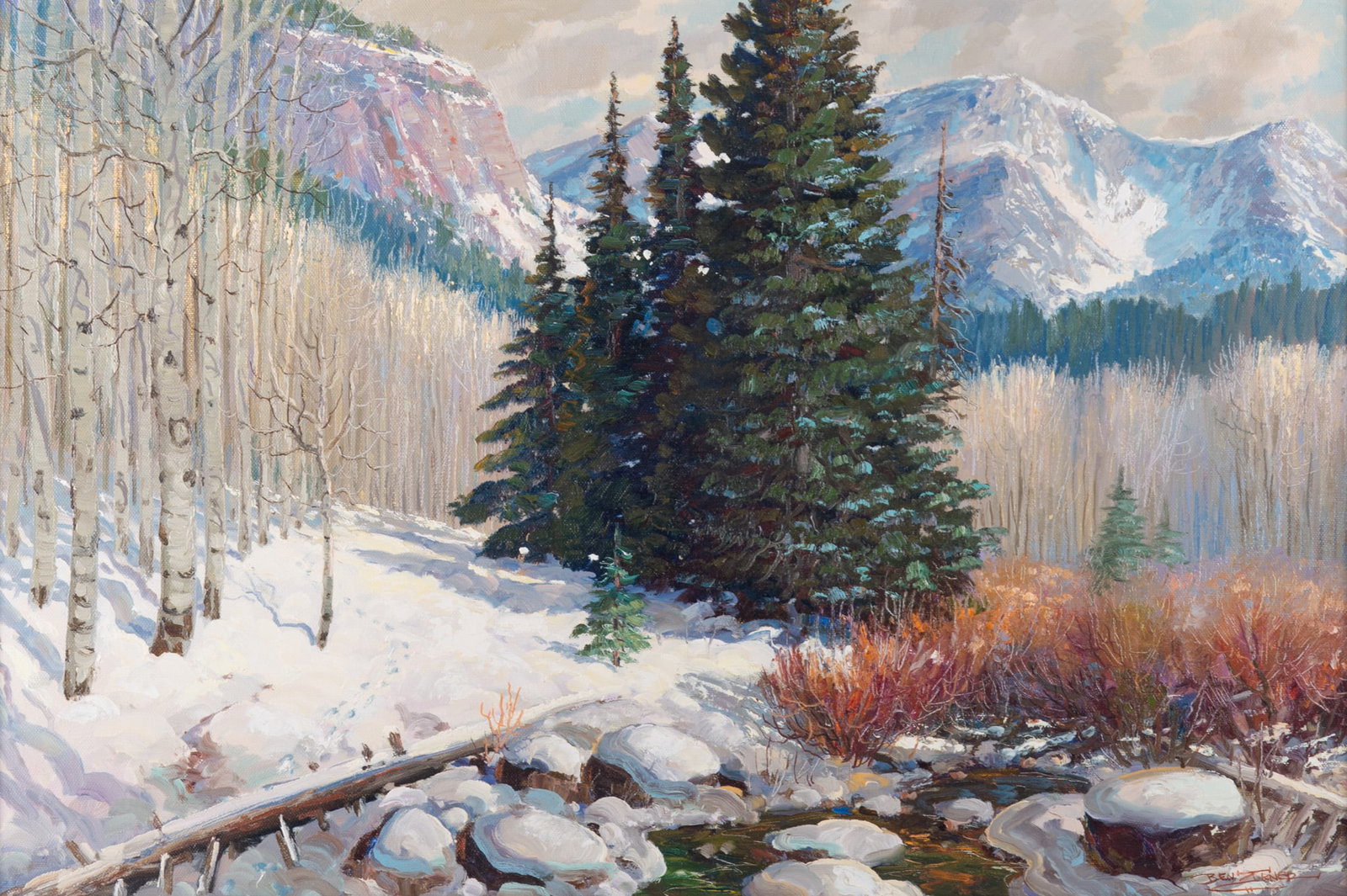 Ben Turner, New Mexico (1912-1966), Mountain Landscape, oil on canvas: Ben TurnerNew Mexico, (1912-1966)Mountain Landscapeoil on canvassigned lower right, gilt-framed.24 x 36 inches; 32 1/2 x 45 inches (overall with frame)