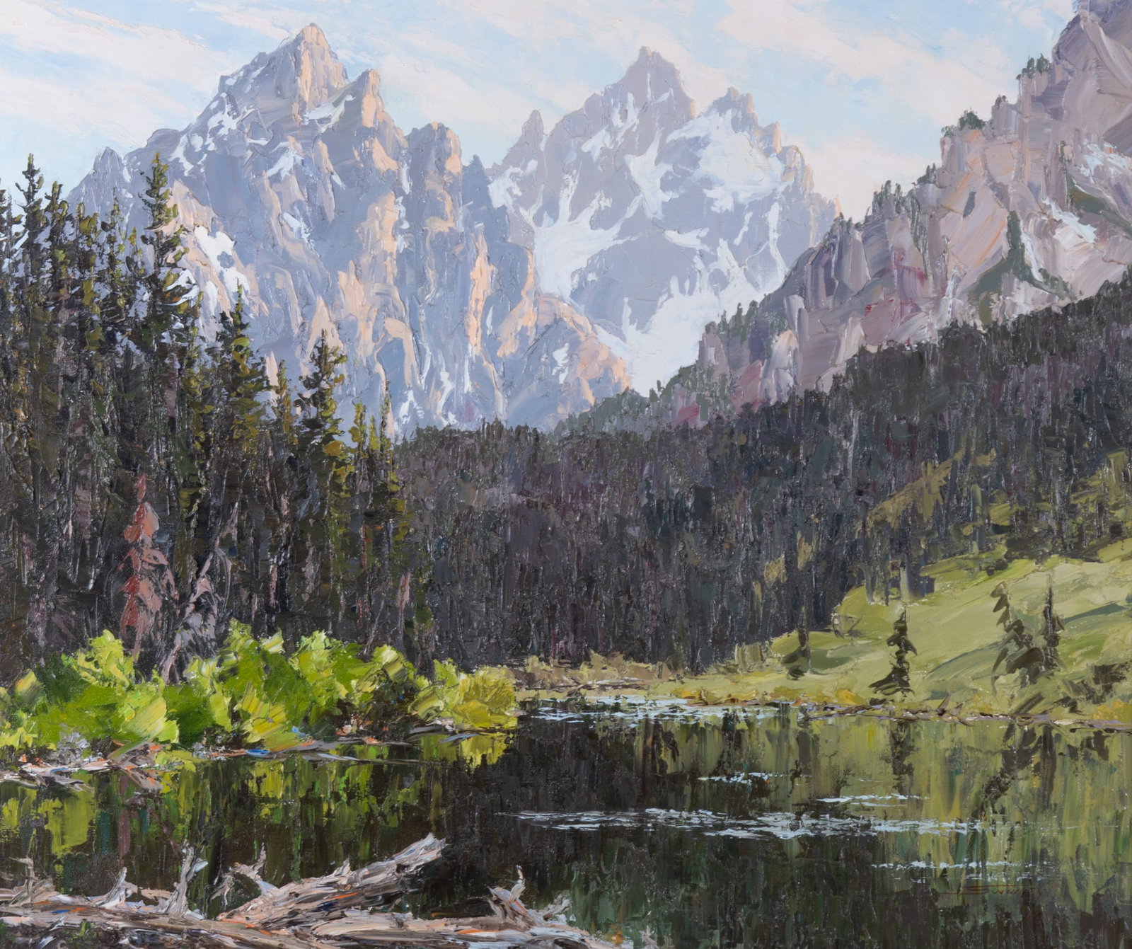 Carol Swinney, American (B. 1950), String Lake & Tetons, 1999, oil on canvas: Carol SwinneyAmerican, (B. 1950)String Lake & Tetons, 1999oil on canvassigned lower right, gallery tag, signature, and title on verso, framed.19 1/2 x 23 1/2 inches; 28 1/2 x 32 1/2 inches (overall wi