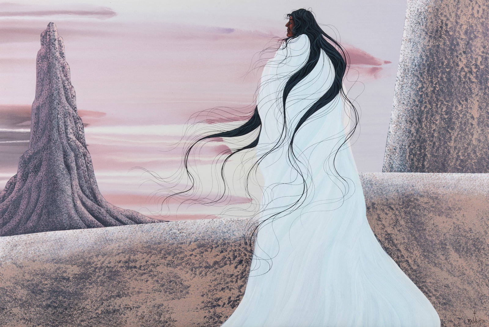 Bill Rabbit, Cherokee (1946-2012), Lady Thoughts, acrylic on canvas: Bill RabbitCherokee, (1946-2012)Lady Thoughtsacrylic on canvassigned lower right, framed. Gallery label verso23 1/2 x 35 1/2 inches; 271 /2 x 39 5/8 inches (overall with frame)