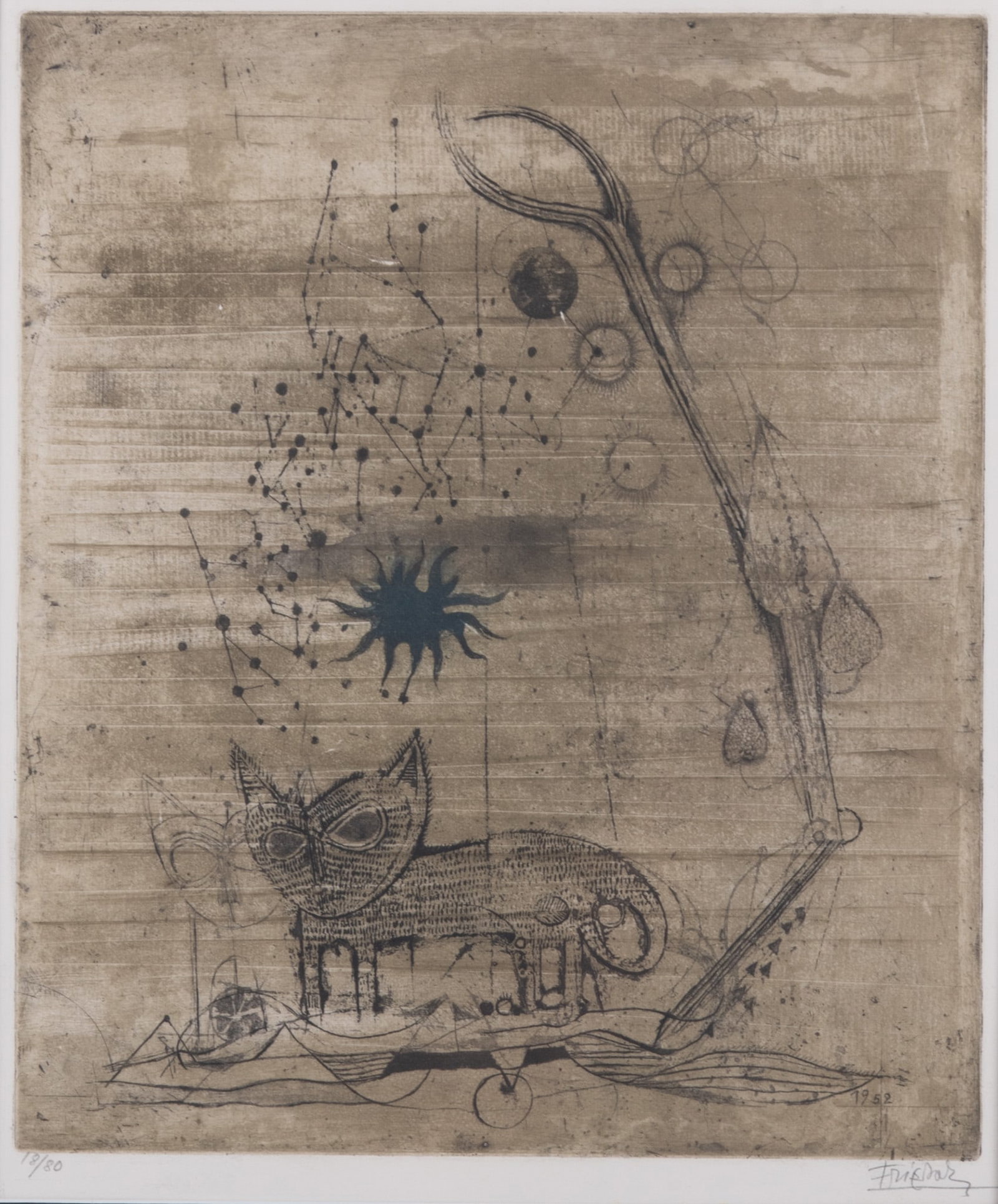 Johnny Friedlaender, German (1912-1992), Cat 1 (Chat 1), 1952, color etching and aquatint, ed. 18/80 (1 of 4)