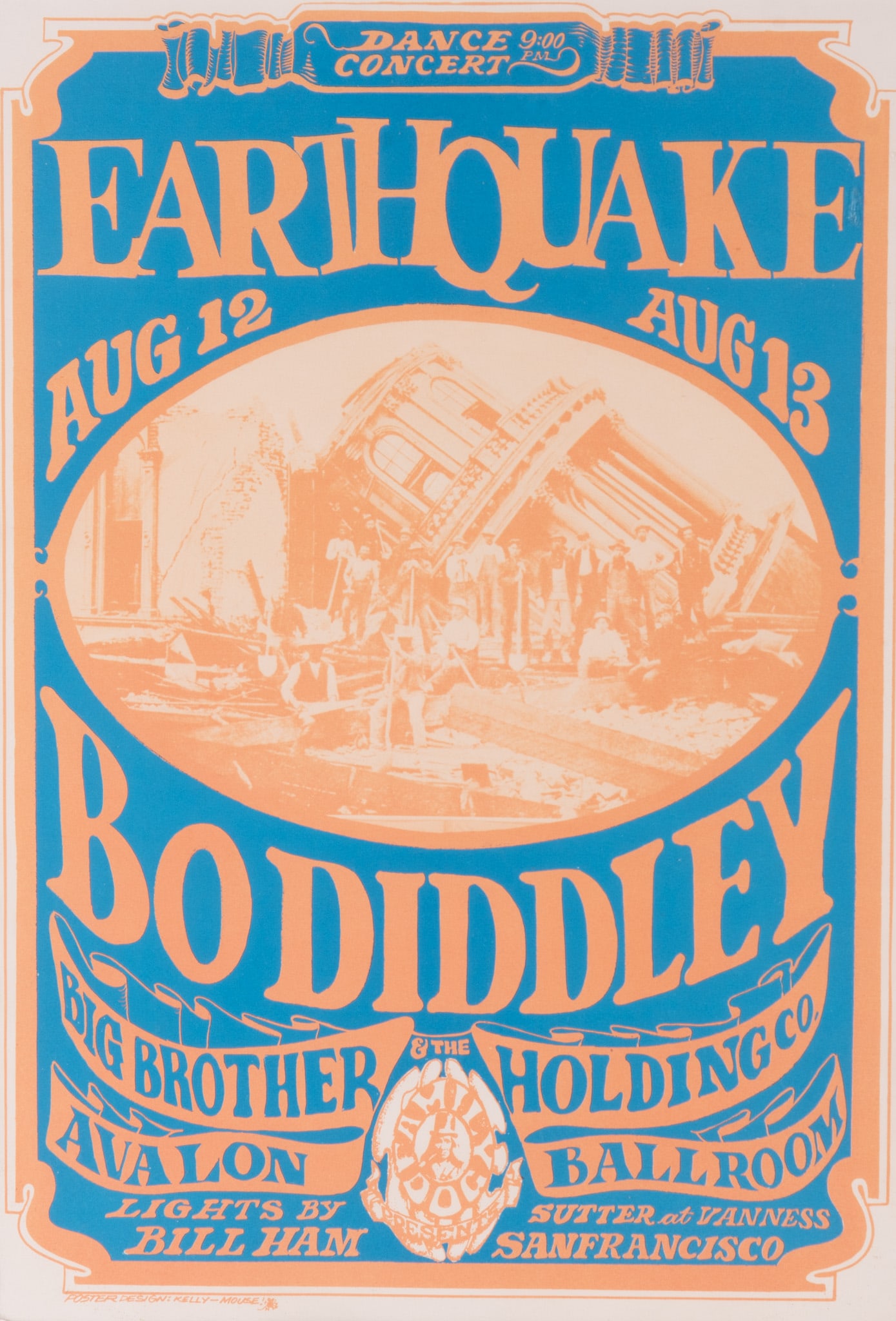 Alton Kelly and Stanley Mouse, Concert Poster for Earthquake, Bo Diddley, Big Brother and the: Alton Kelly and Stanley Mouse, Concert Poster for Earthquake, Bo Diddley, Big Brother and the Holding Company at the Avalon Ballroomcolor lithograph, framed.13 3/4 x 20 inches (sheet) 14 1/2 x 20 1/2