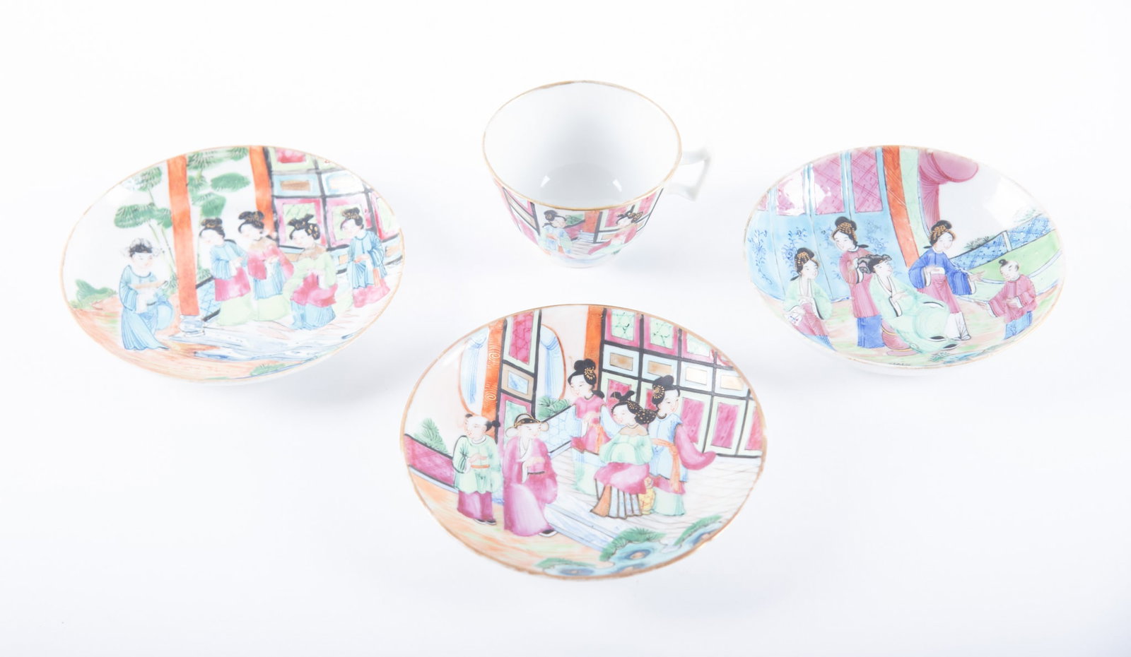 A Rare Chinese Rose Mandarin Cup and Saucer with Two Additional Dishes (1 of 3)