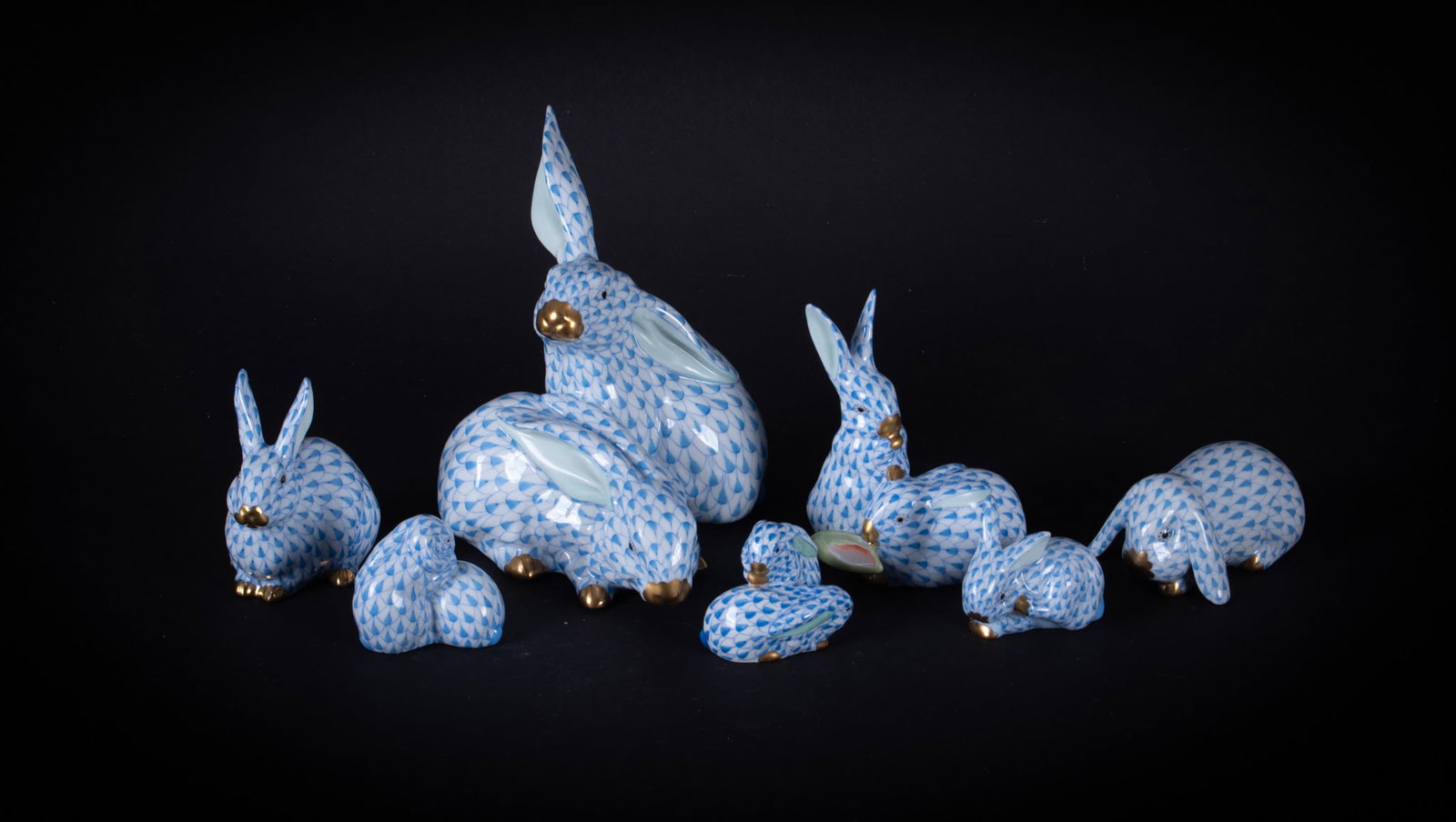 A Collection of Seven Herend Blue Fishnet Bunny Rabbits (1 of 4)