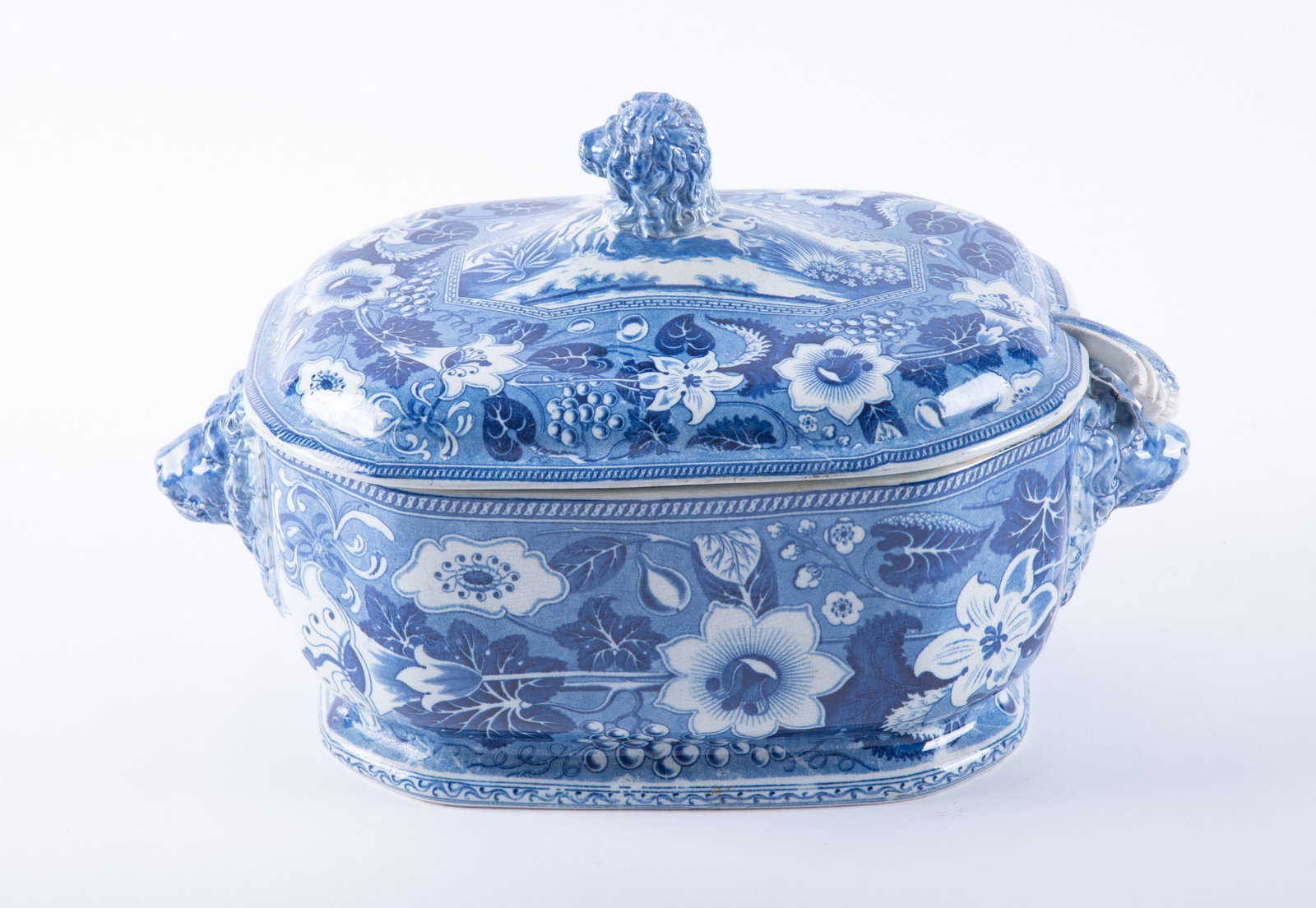 A Rare Staffordshire Blue Transferware Botanical and Lion Tureen and Ladle (1 of 7)