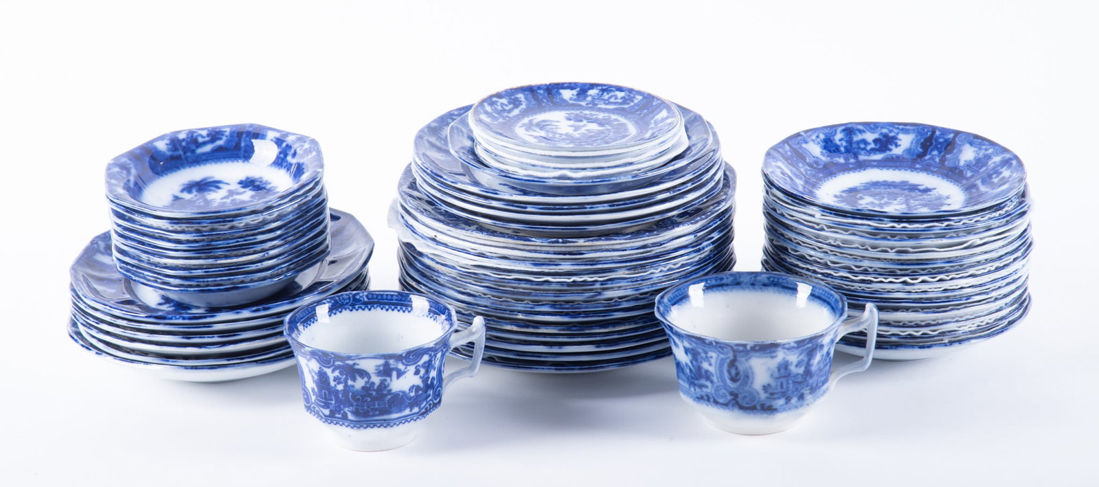 A Large Assembled Collection of Antique Flow Blue Transferware Table Articles, Kyber by W. Adams & (1 of 3)