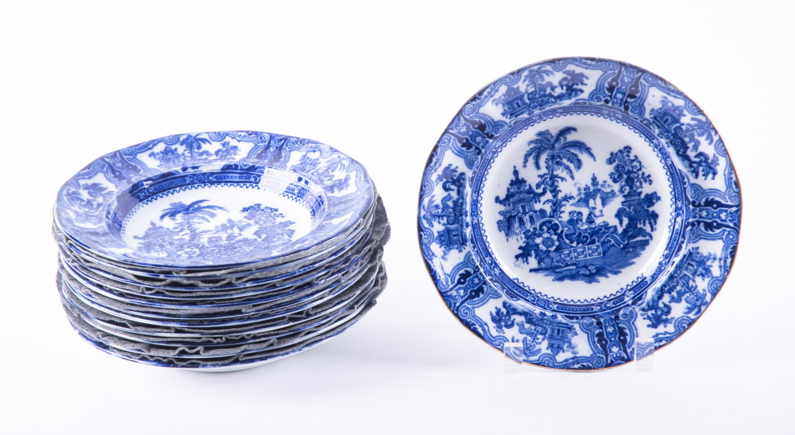 Twelve Flow Blue Transferware Soup Bowls, Kyber by W. Adams & Company (1 of 3)