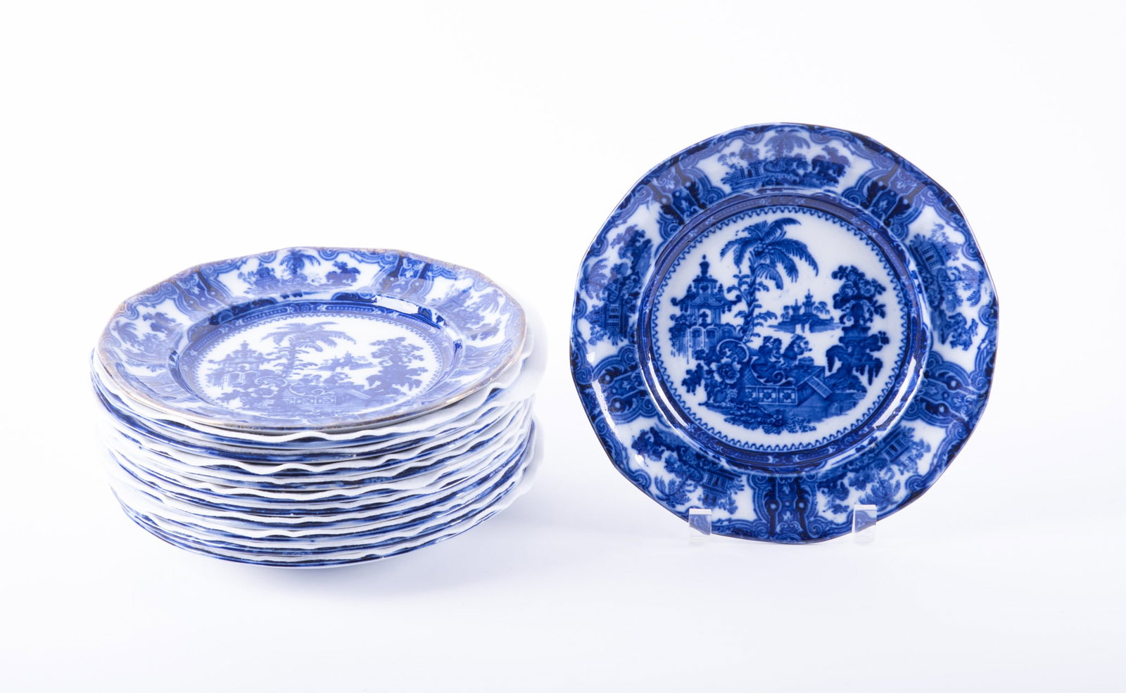 An Assembled Set of Twelve Flow Blue Transferware Dinner Plates, Kyber by W. Adams & Company (1 of 3)