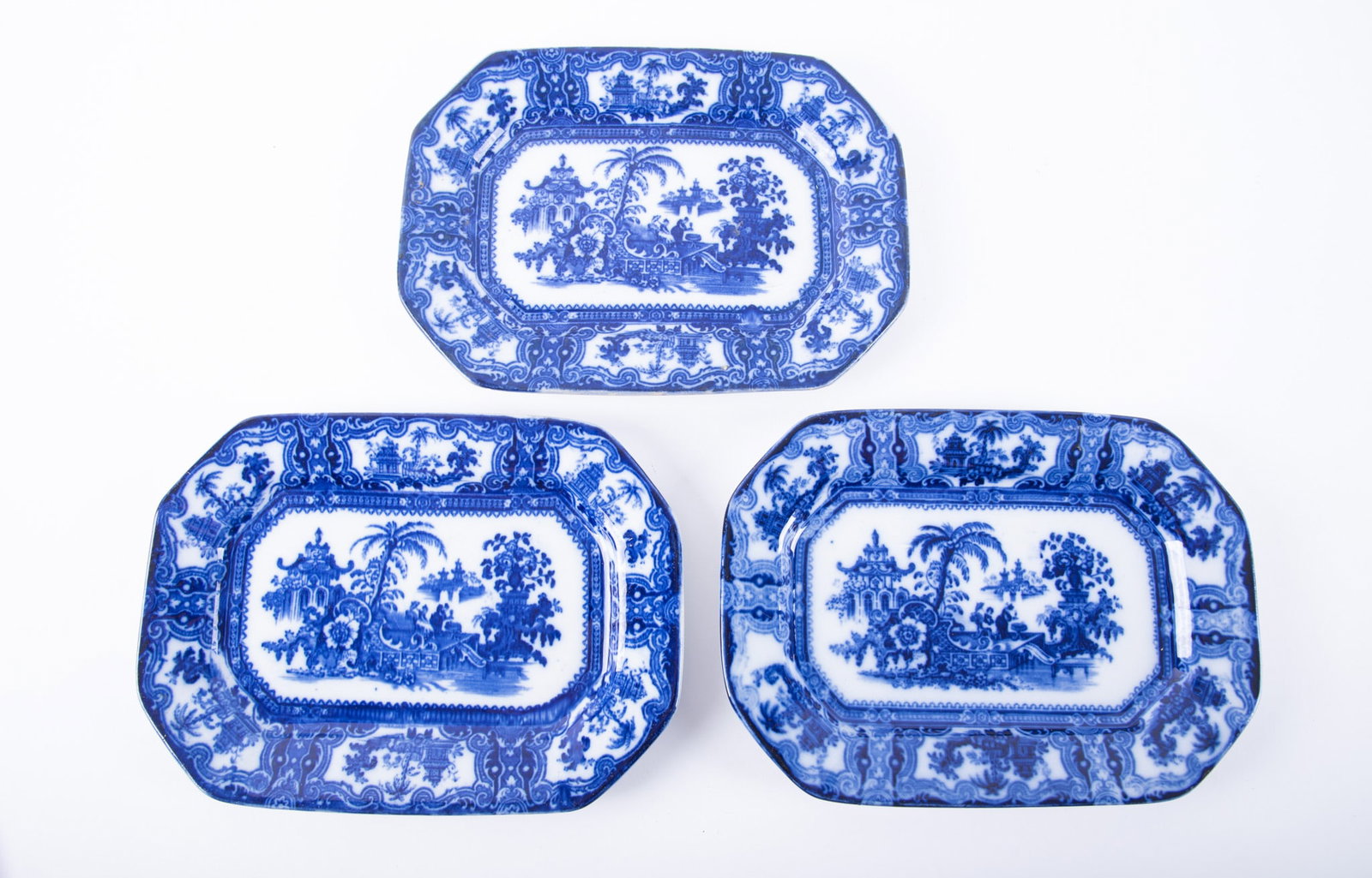 Three Diminutive Flow Blue Transferware Platters, Kyber by W. Adams & Company (1 of 3)