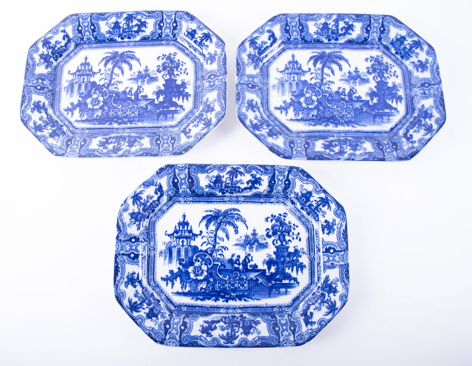 Three Flow Blue Transferware Platters, Kyber by W. Adams & Company (1 of 4)