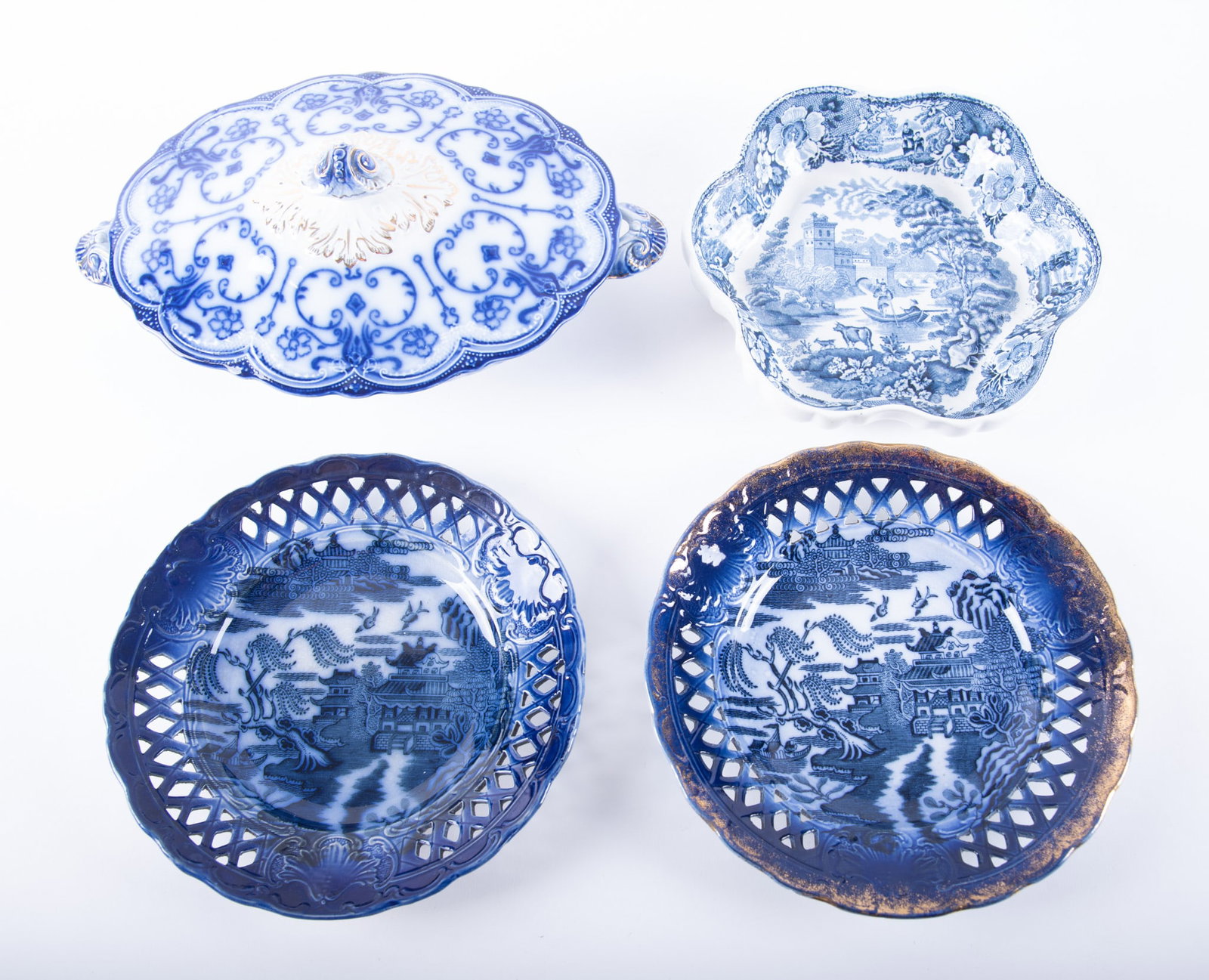 A Collection of Early Staffordshire including Pagoda Blue Willow Plates, Transferware Fruit Bowl and (1 of 4)