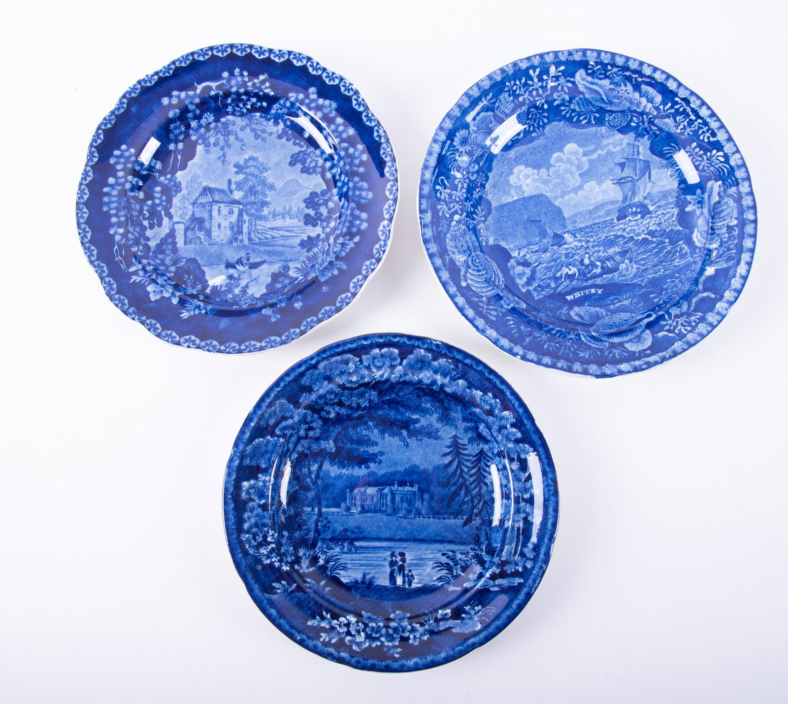 Three Antique Staffordshire Historical Blue Scenic Plates (1 of 4)