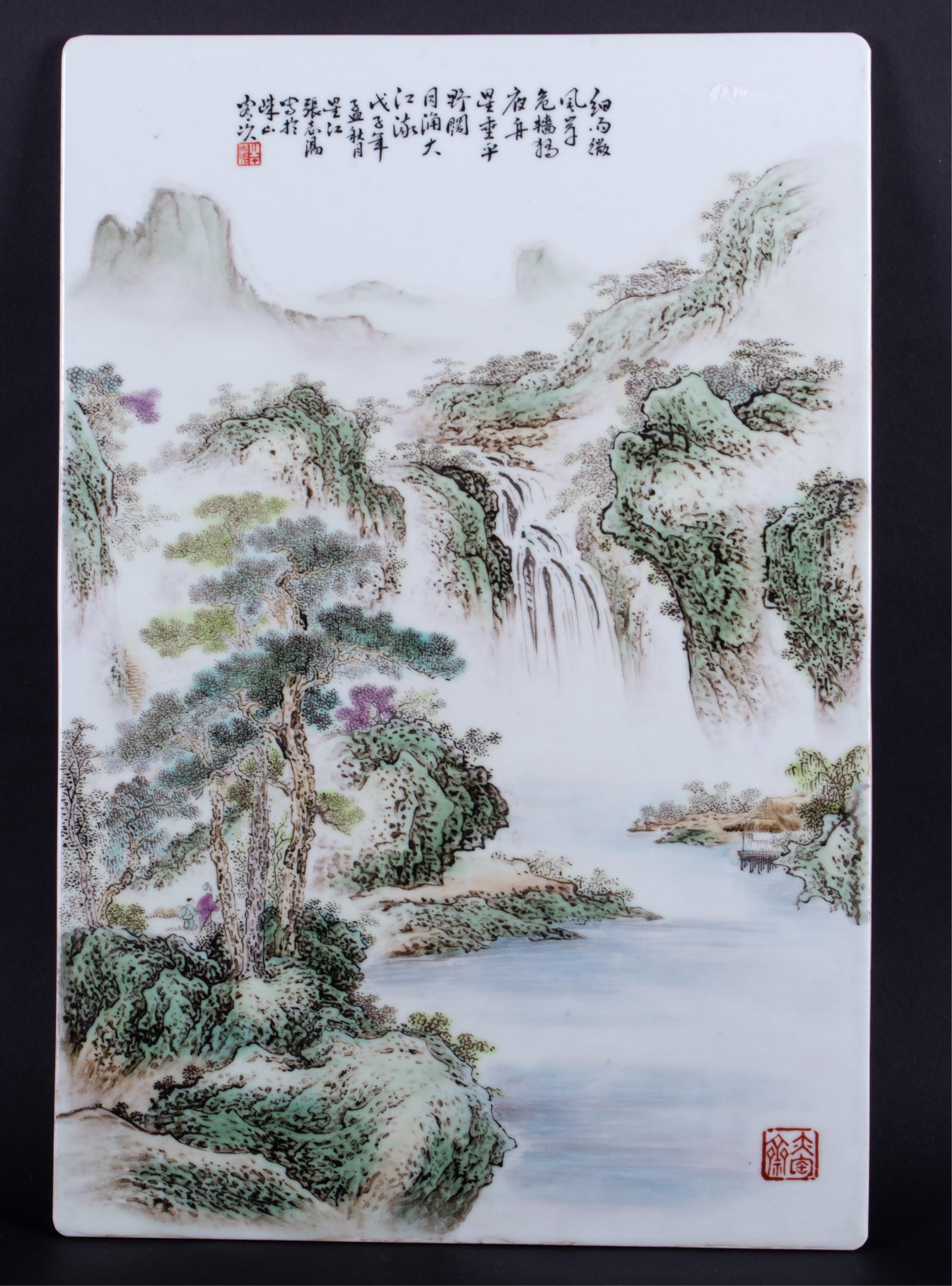 Zhitang Zhang, China (1893-1971), Waterfall and Pond, painted porcelain plaque: Zhitang Zhang China, (1893-1971) Waterfall and Pond painted porcelain plaque Signed and unframed. With box. 21 1/2 x 14 3/8 inches