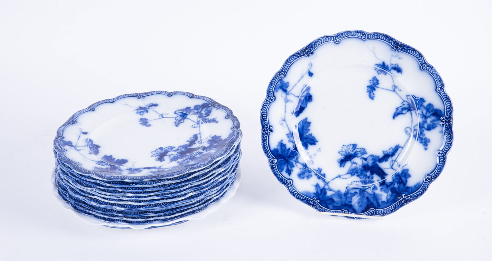 Thirteen Flow Blue Dinner Plates, Lonsdale by Ridgway (1 of 4)