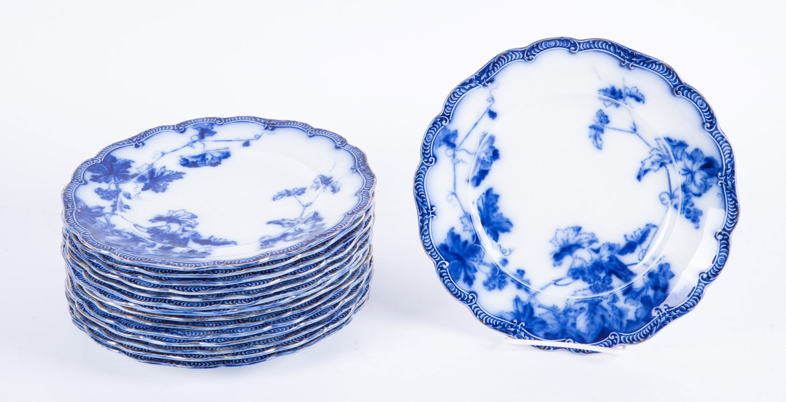 Fourteen Flow Blue Dinner Plates, Lonsdale by Ridgway (1 of 4)