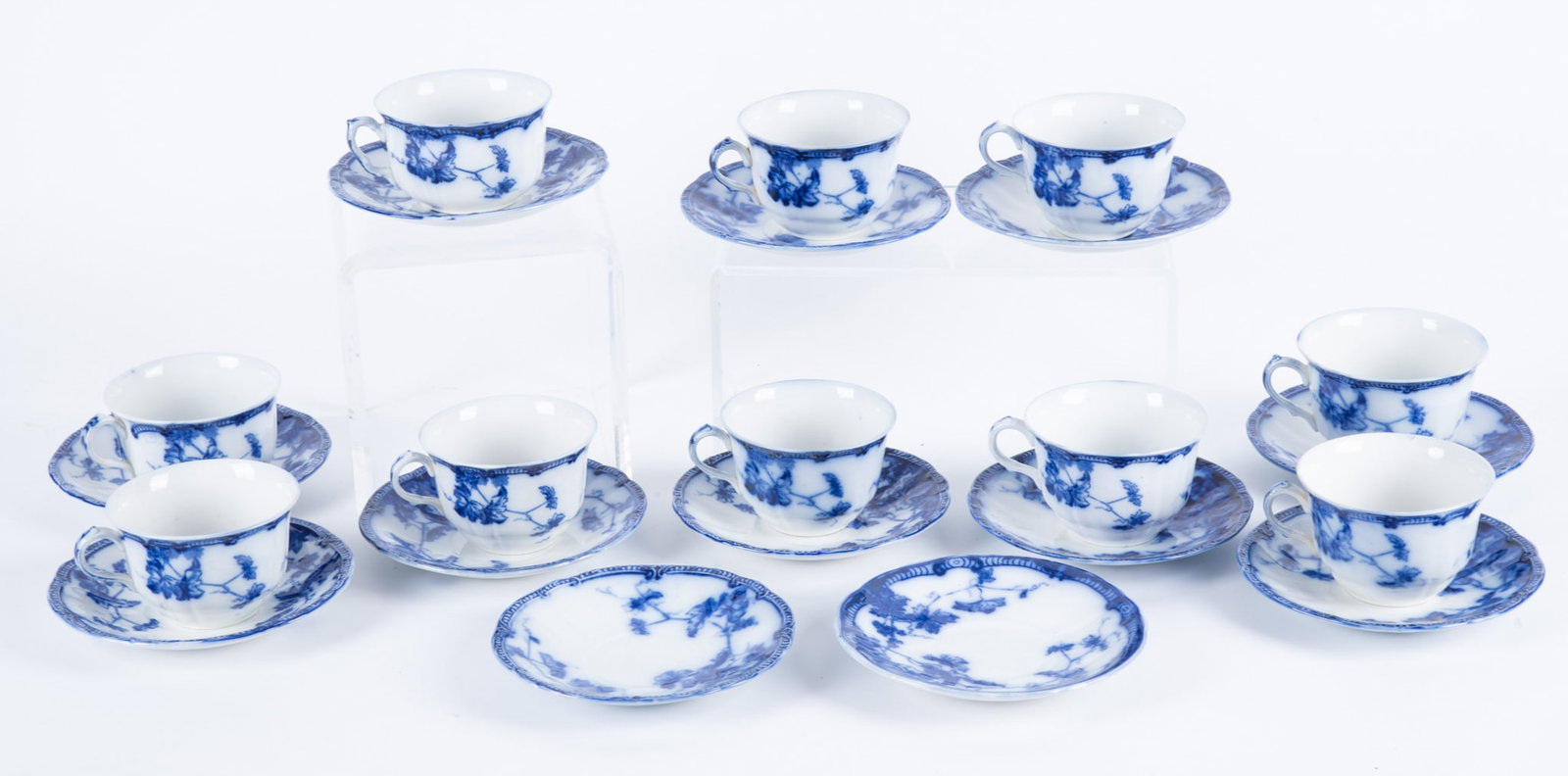 A Collection of Ten Flow Blue Cups and Saucers, Lonsdale by Ridgway (1 of 4)