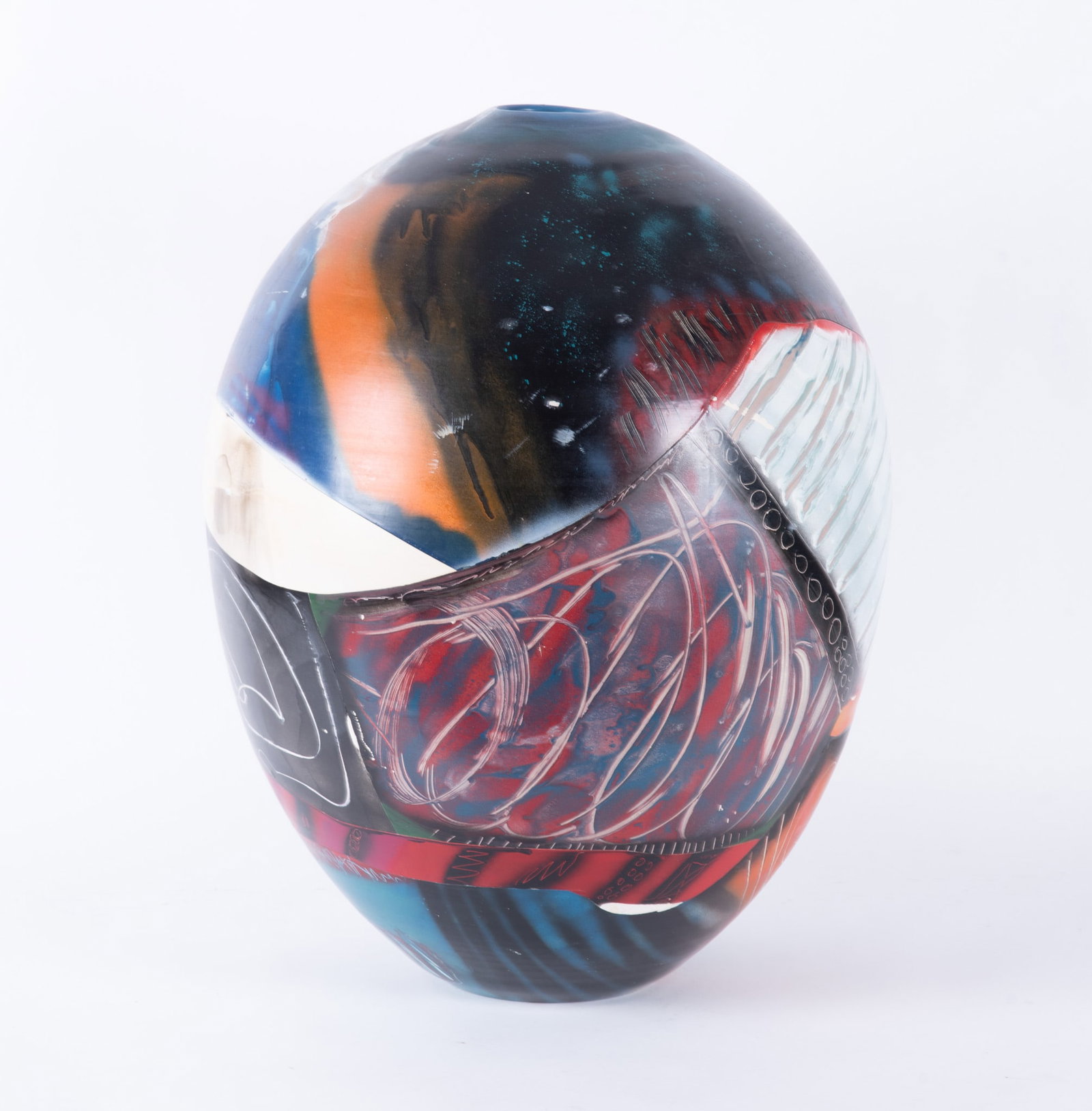 Steve Johnson, American 20th Century, Reconstructed Vessel, pottery: Steve JohnsonAmerican, 20th CenturyReconstructed Vesselpotterypolychrome decorated vessel with incised abstract patterns.Acquired: Ratliff-Williams Gallery, Sedona, AZHeight: 22 inches