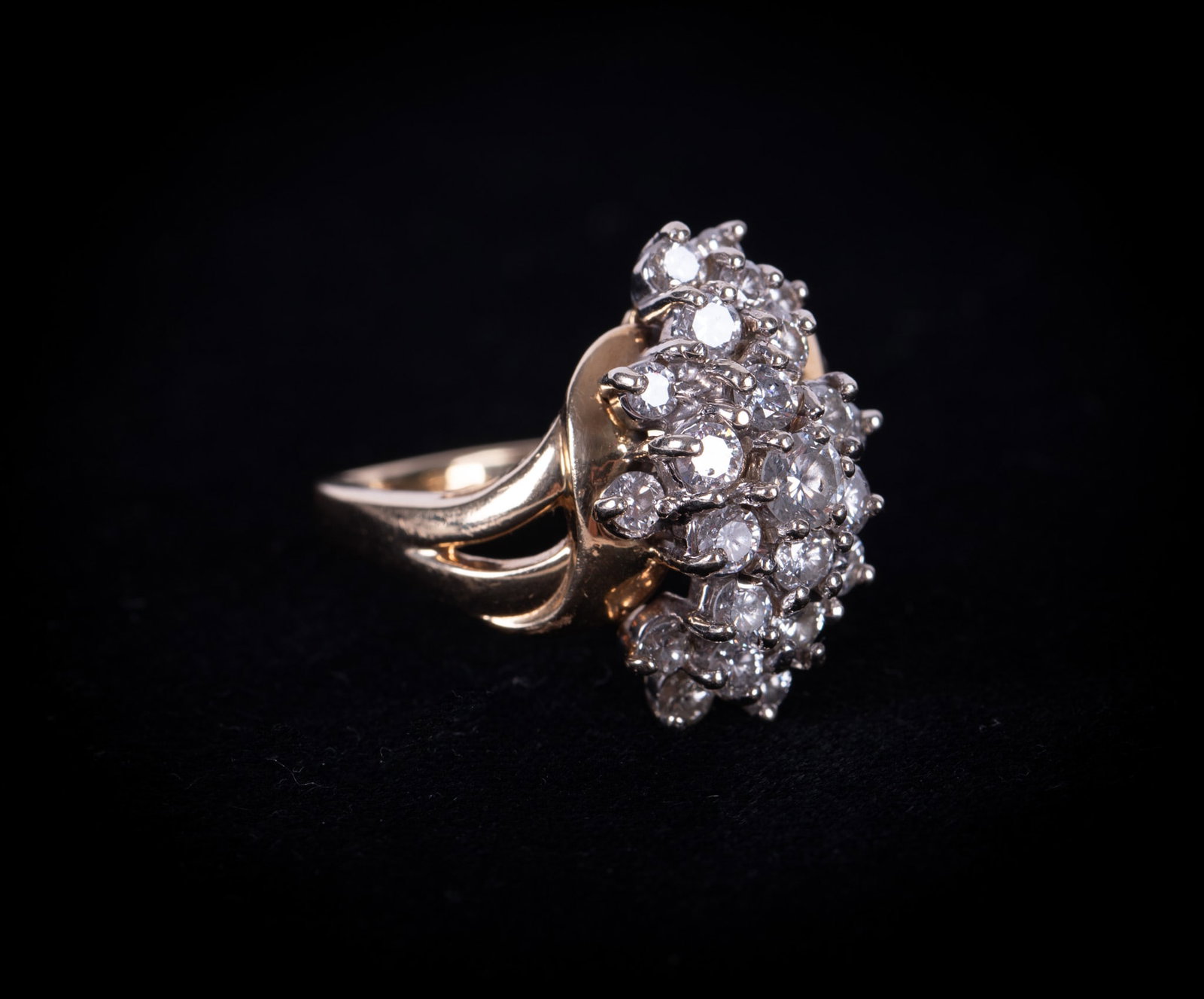 14K Yellow Gold Diamond Cocktail Ring: This stunning ring has approximately .80ctw in diamonds and weighs 9.0g including stones. The ring size is 8.