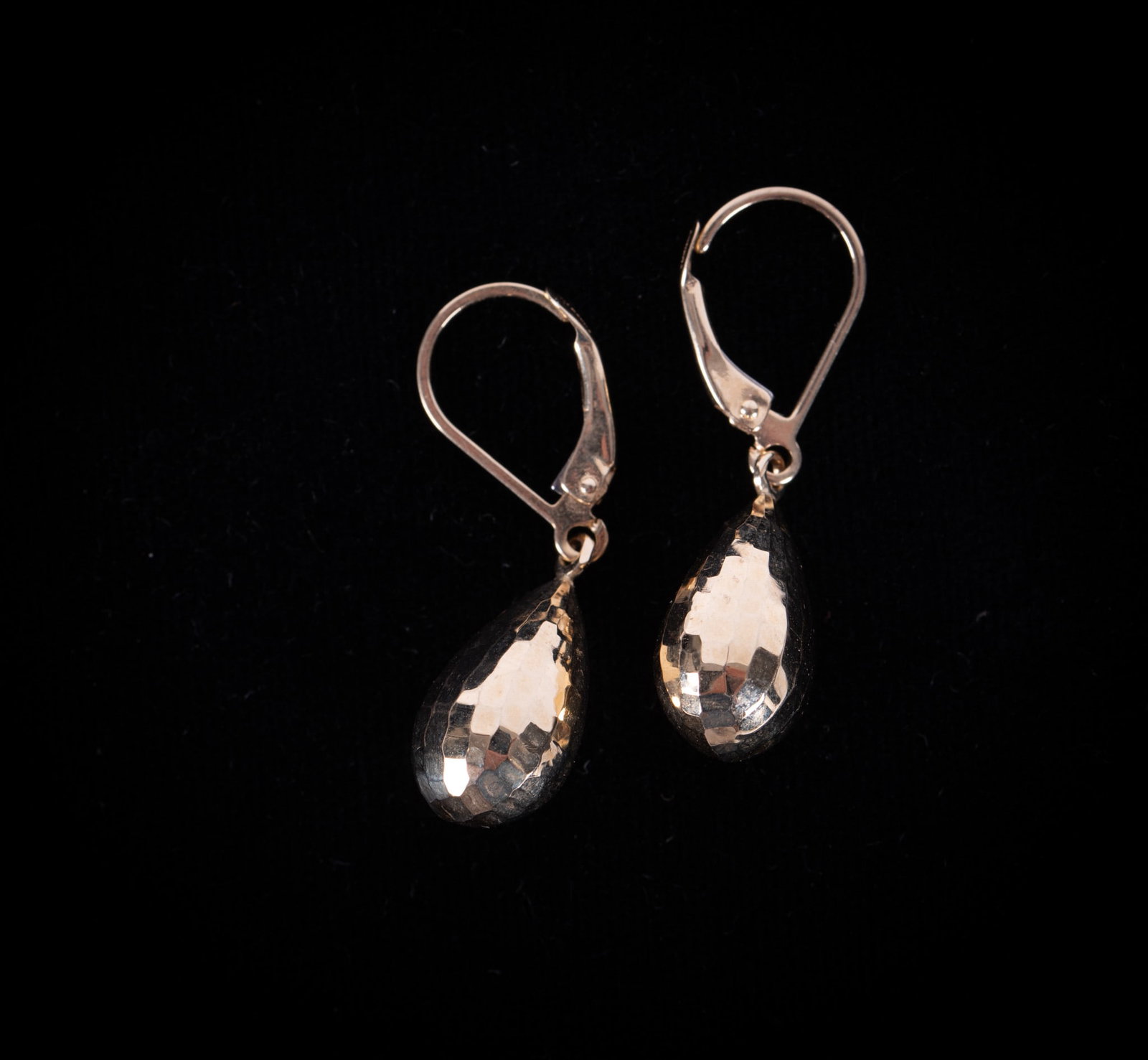 14K Yellow Gold Drop Earrings: These earrings were made in Turkey. The pear shaped drops have a checkerboard pattern. Length is 1 1/4 inches, weight is 1.8g.