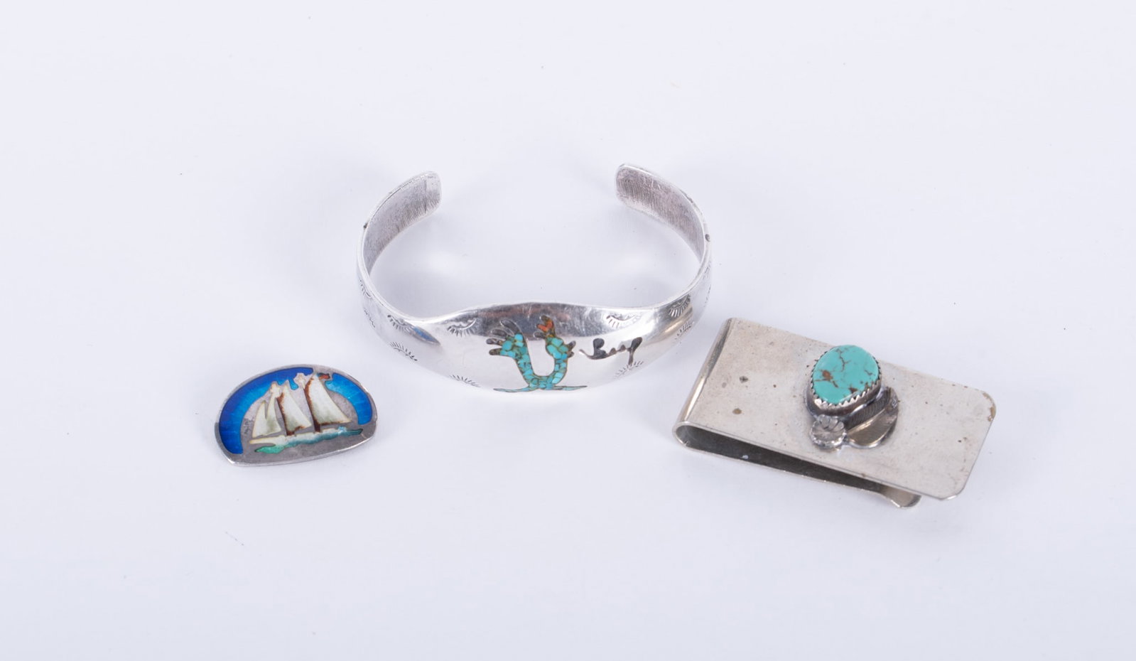 Native American Sterling Silver Cuff Bracelet together with Sterling and Enamel Memorial Pin and (1 of 2)