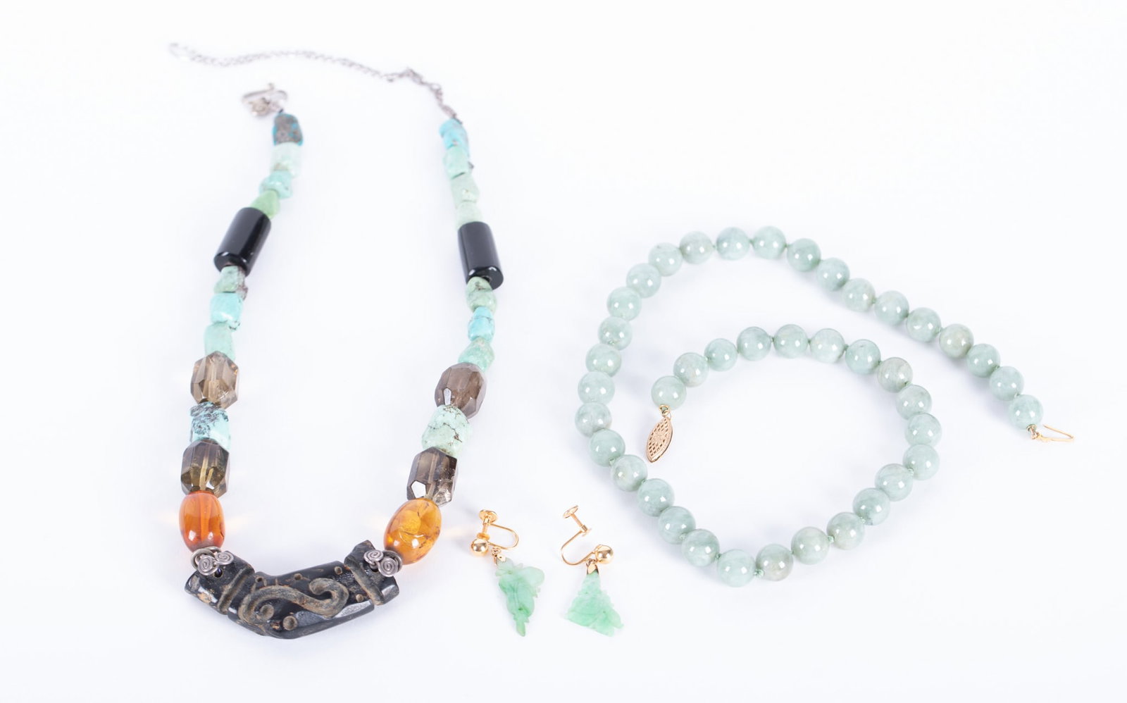 Jade Necklace with Earrings along with Ethnic Style Bead Necklace: The beads on this lovely jade necklace are 9.27mm, the length is 17 inches and the clasp is 10k yellow gold. The jade earrings hang from 14k yellow gold screw backs. The ethnic style necklace has turq