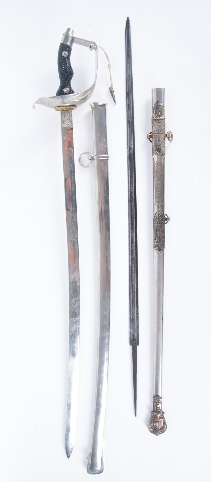Spanish Toledo Silver Presentation Sword with Scabbard together with Fraternal Short Dagger with: marked Toledo 1895, black handle, engraved, length 38 inches; together with short dagger engraved Thomas D. Stickley, marked "In Hoc Signo", Vinces, length 35 inches. (2 pieces)