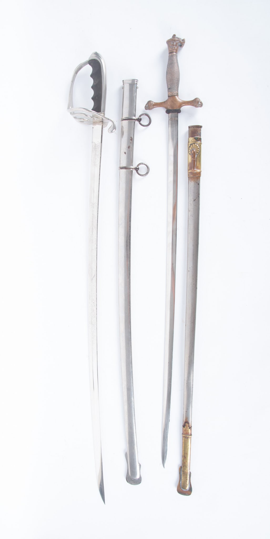 Silver Etched Ceremonial Sword with Star of David together with a Mid-20th Century Ceremonial: Ceremonial sword with Star of David considered a decorative, medieval style collectible after King of Solomon replica, stainless steel, marked "E Pluribus Unum", Latin patriotic motto, meaning "out of