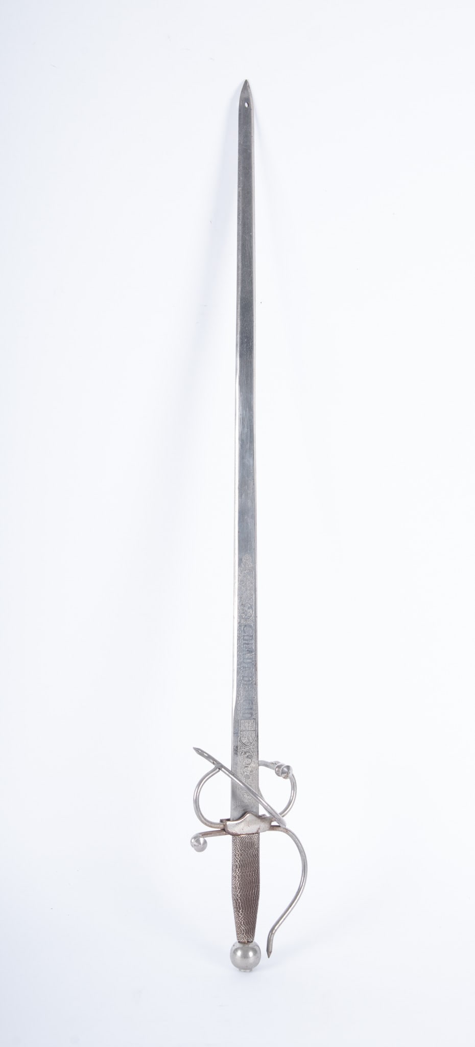Spanish Colada Del Cid Sword: twisted quill, spherical pommel; one of legendary swords associated with 11th Century Spanish hero, El Cid. Made in Toledo Spain and Colado is best known sword.
