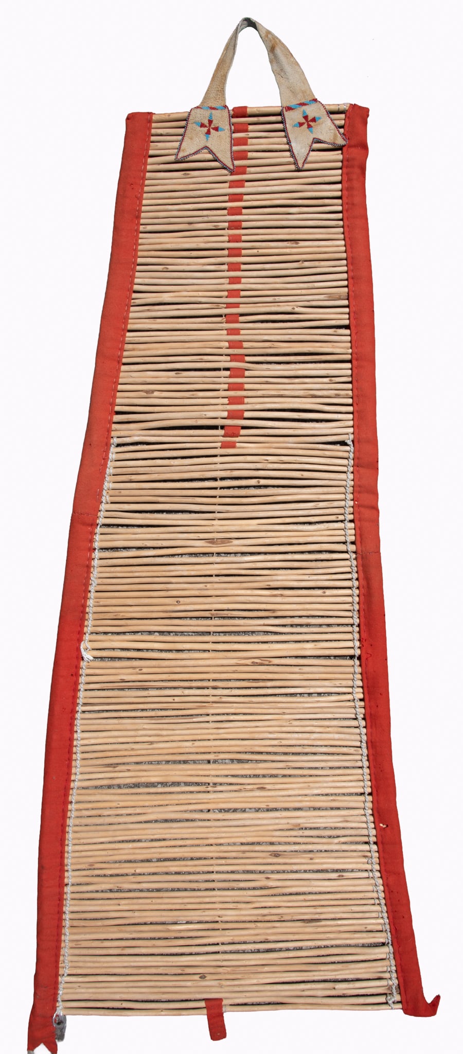 Native American Tipi Backrest: Willow rods, wool trade cloth, beading on tanned leather. Sides taper from 14 inches to 25 inches.