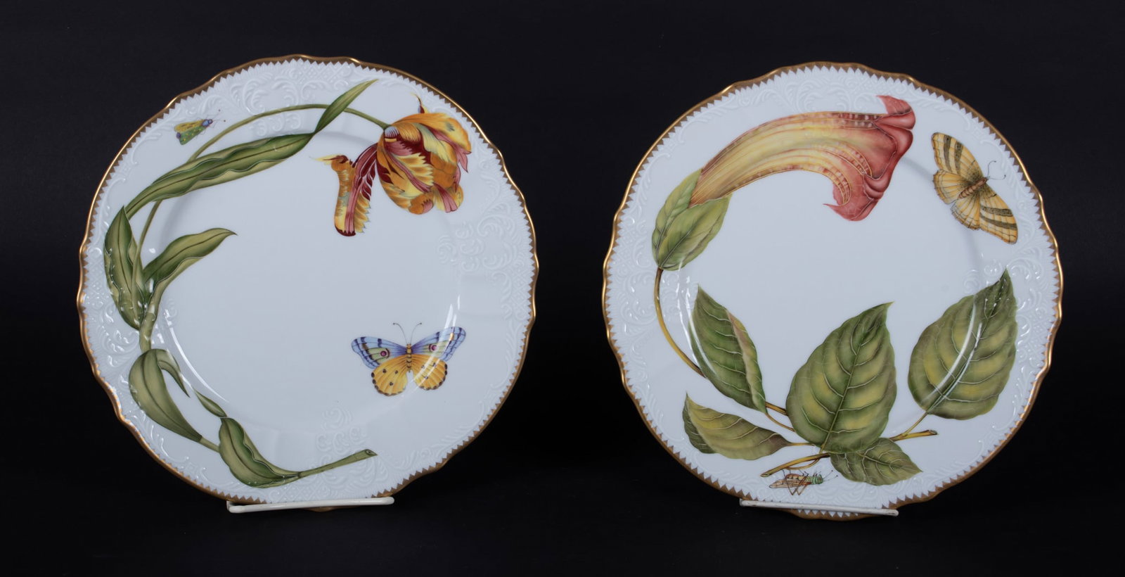 Two Anna Weatherley Porcelain Dinner Plates: Hungary, both by Anna Weatherley Designs with same scalloped gilt rims and raised white blank. The first a large botanical bloom from the Treasure Garden collection, the second a limited edition Tulip