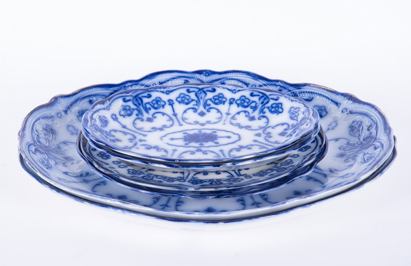 A Collection of Six Flow Blue Staffordshire Platters including Two Large Examples, Conway by New (1 of 5)