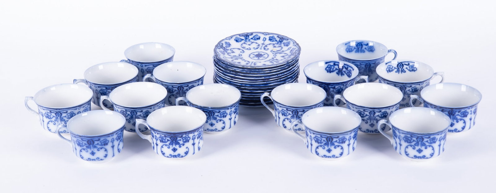 A Set of Sixteen Flow Blue Staffordshire Tea Cups with Fifteen Saucers, Conway by New Warf Pottery (1 of 3)