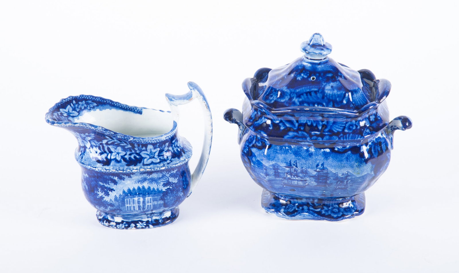 A Staffordshire Historic Blue Sugar Bowl and a Creamer (1 of 4)