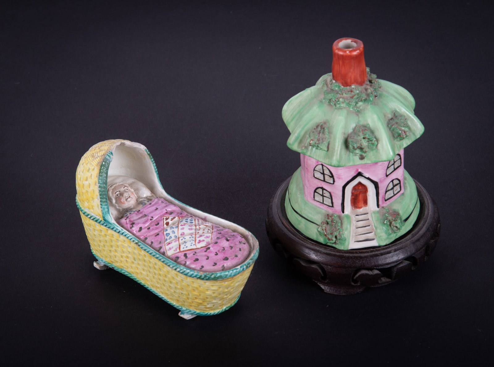 Two Antique English Staffordshire Articles, Child in Cradle and Pastille Burner (1 of 4)