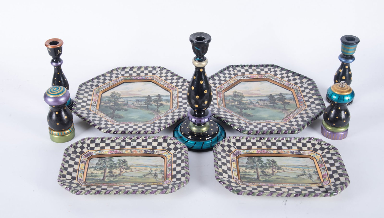 Mackenzie-Childs Collection: Two Victoria and Richard hanging wall plaques, two Victoria and Richard trays, three candlesticks, and a pair of salt and pepper shakers (9 total)