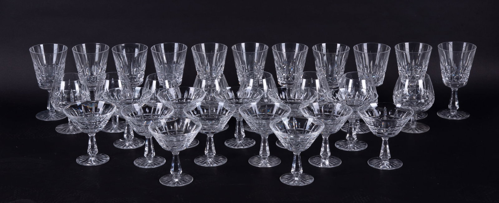 Waterford 'Kylemore' Collection: To include 11 water glasses (7 inches); 13 champagne coupes (4 3/4 inches); and 8 brandy snifters (5 1/4 inches); 32 pieces total