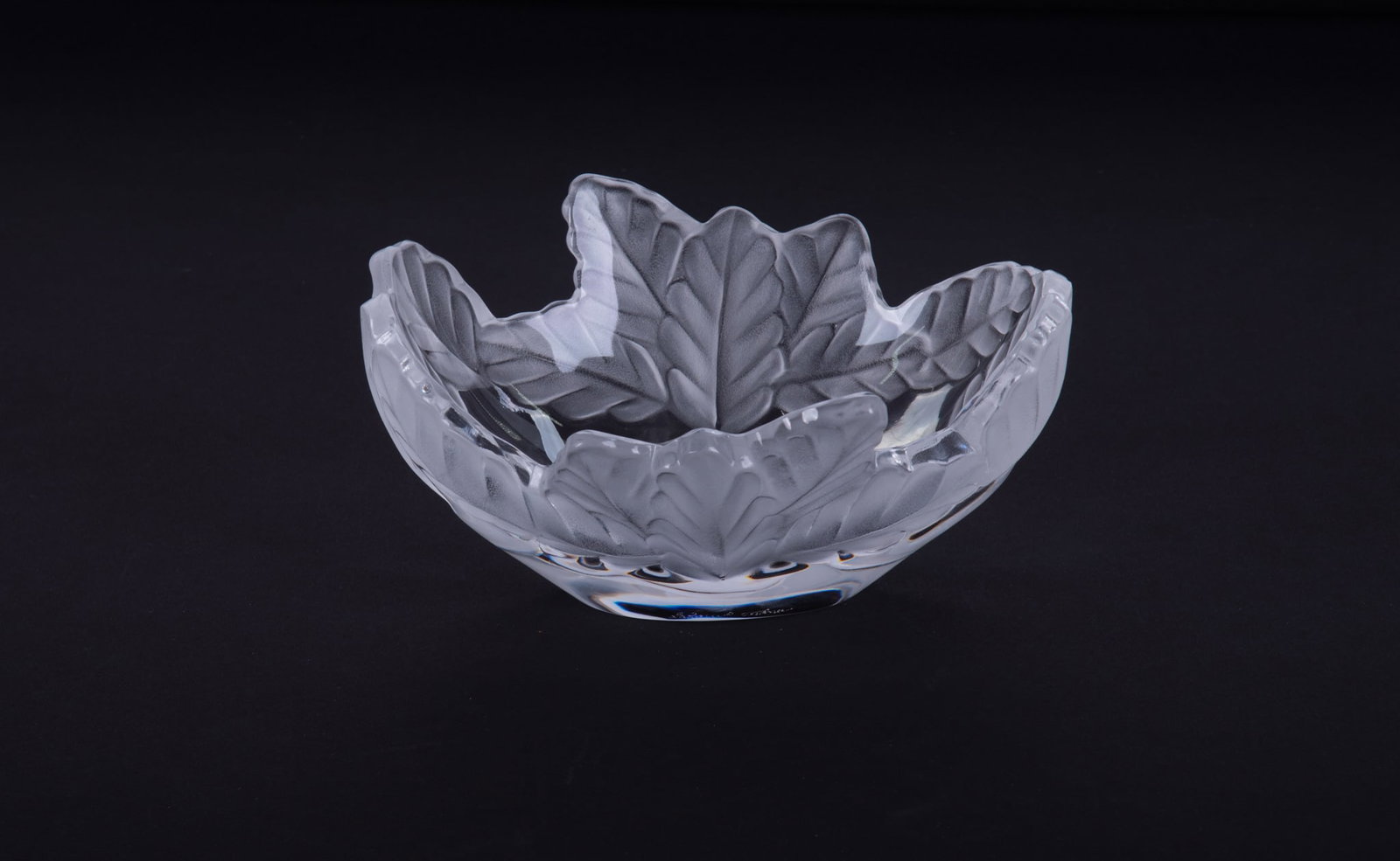 Lalique France Crystal Compiegne Bowl: Lalique France clear and frosted glass bowl with a border of oak leaves. Signed "Lalique France" on underside.